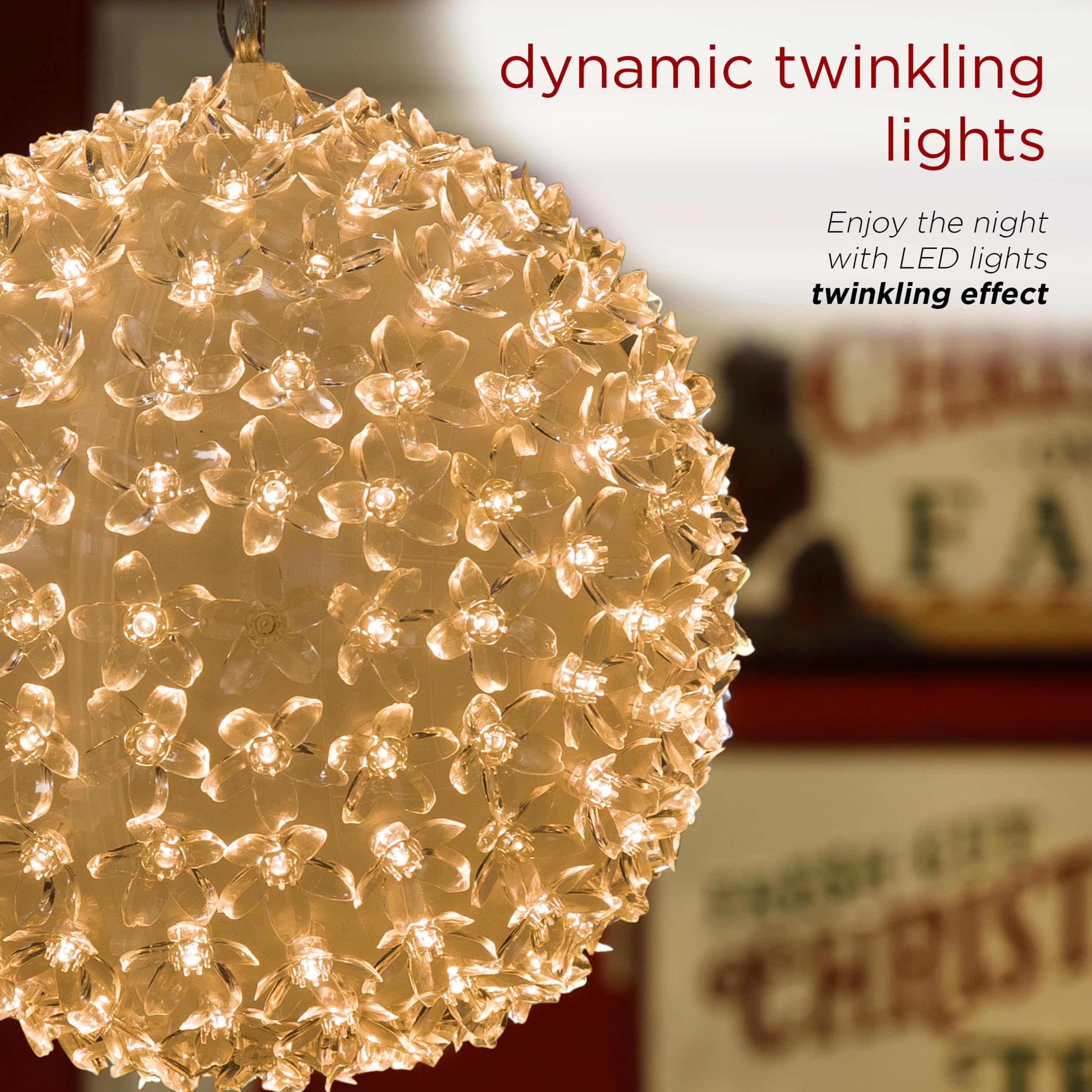 Alpine Corporation Twinkling Sphere Ornament with Warm White LED Lights, 8in Hanging Decoration, Indoor/Outdoor, White, Model COR109WW