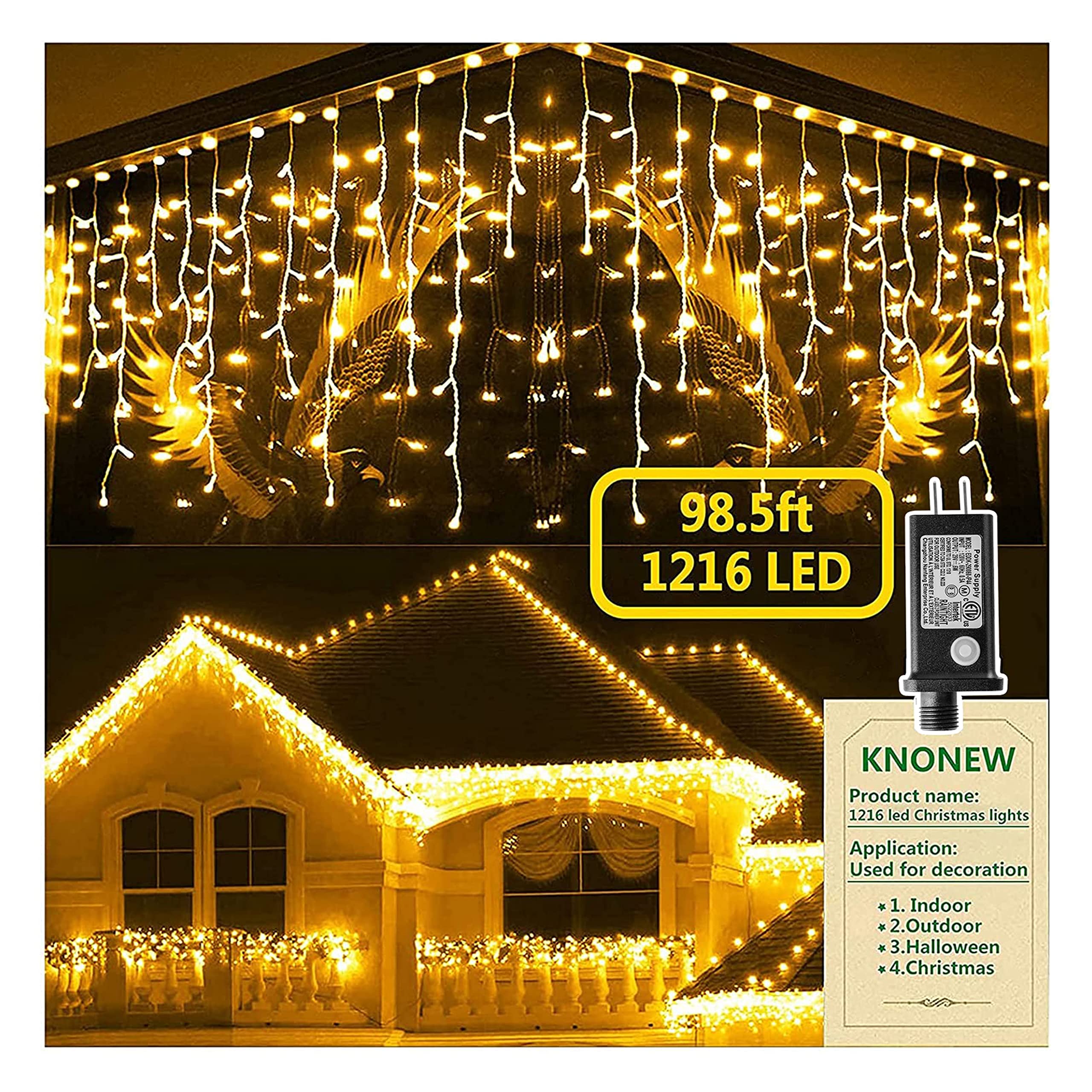 Christmas Lights Outdoor Decorations 1216 Led 99Ft 8 Modes Curtain Fairy String Light With 228 Drops, Clear Wire Led String Light Indoor Decor For Wedding Party Holiday Christmas Decoration Warm White