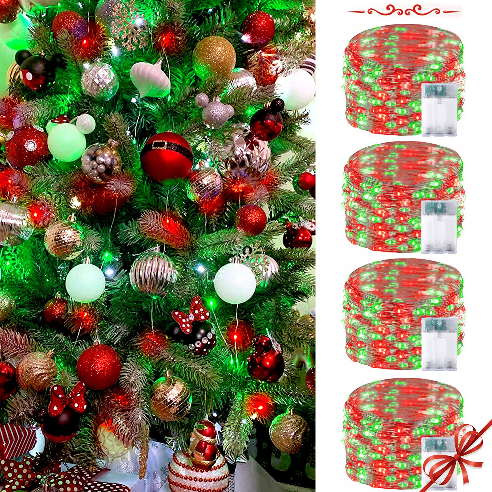 Red and Green Christmas String Lights,4 Pack Fairy Lights Battery Operated with Timer Christmas Lights for Outdoor/Indoor Waterp