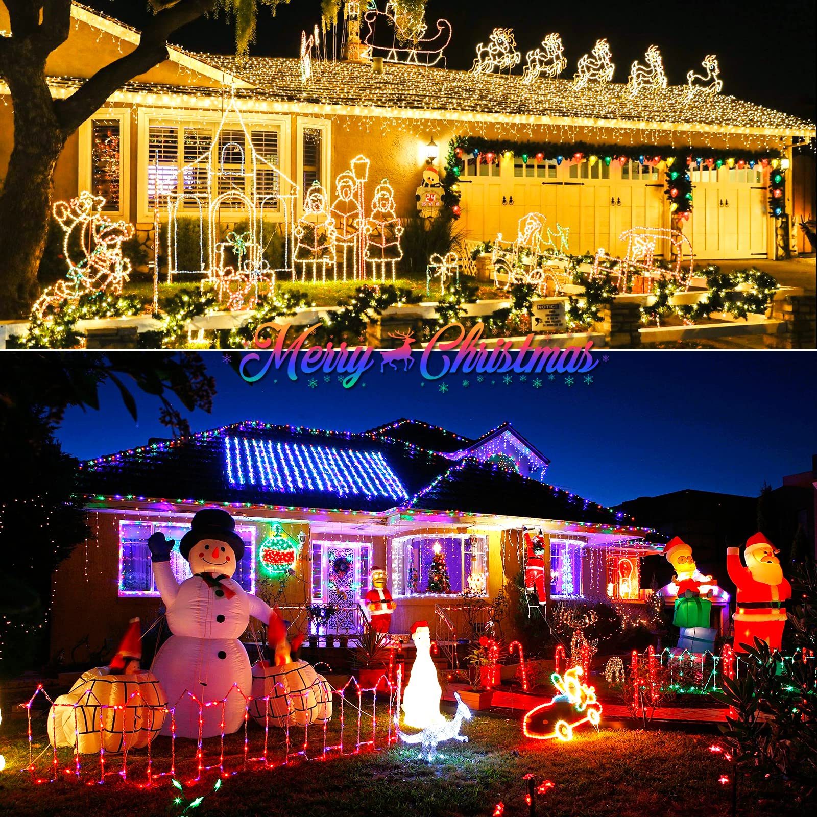 JMEXSUSS Solar Color Changing Christmas Lights, 200 LED, 75.5ft, Warm White & Multi-colored, Waterproof, Model JM-S-200, 2 Pack