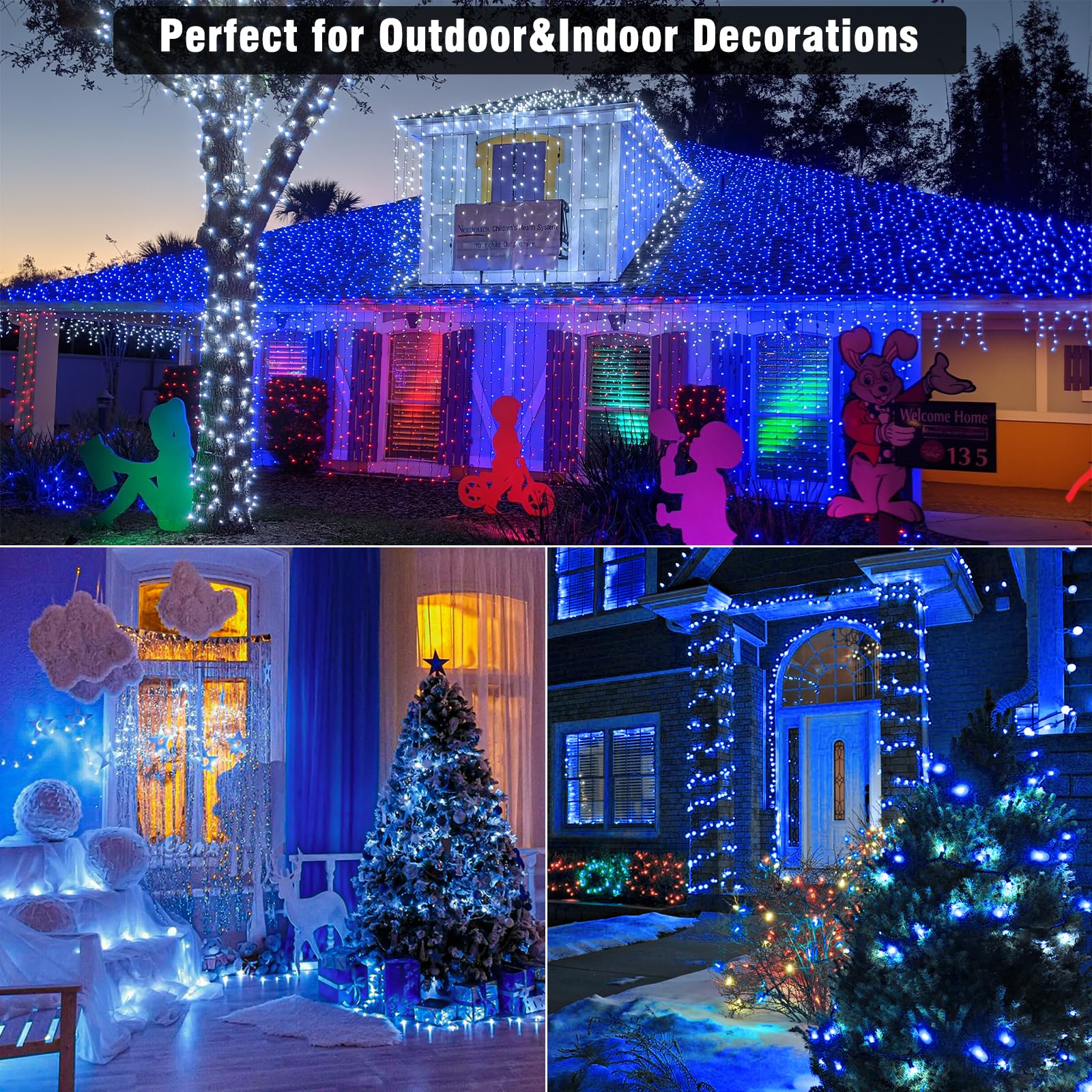 Vivideal 33ft 100 LED Christmas String Lights, Blue, Waterproof, 8 Modes, Clear Wire, Indoor/Outdoor, Model BG-CL3M3-306L01