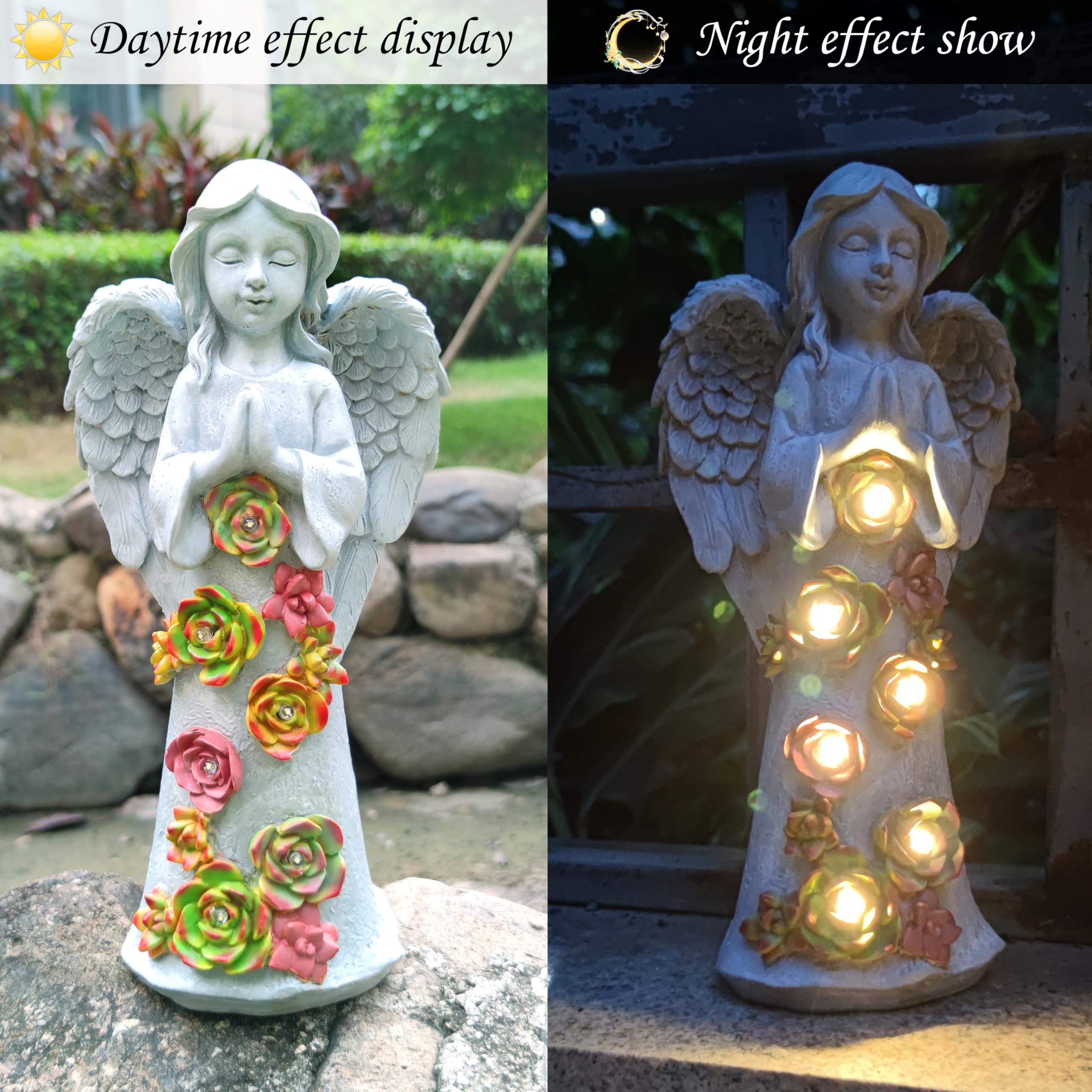 Vioyouns Angel Solar Garden Outdoor Statues With Succulent Plants And 6 Led Lights- Outside Solar Garden Decor Figurines -Rememb