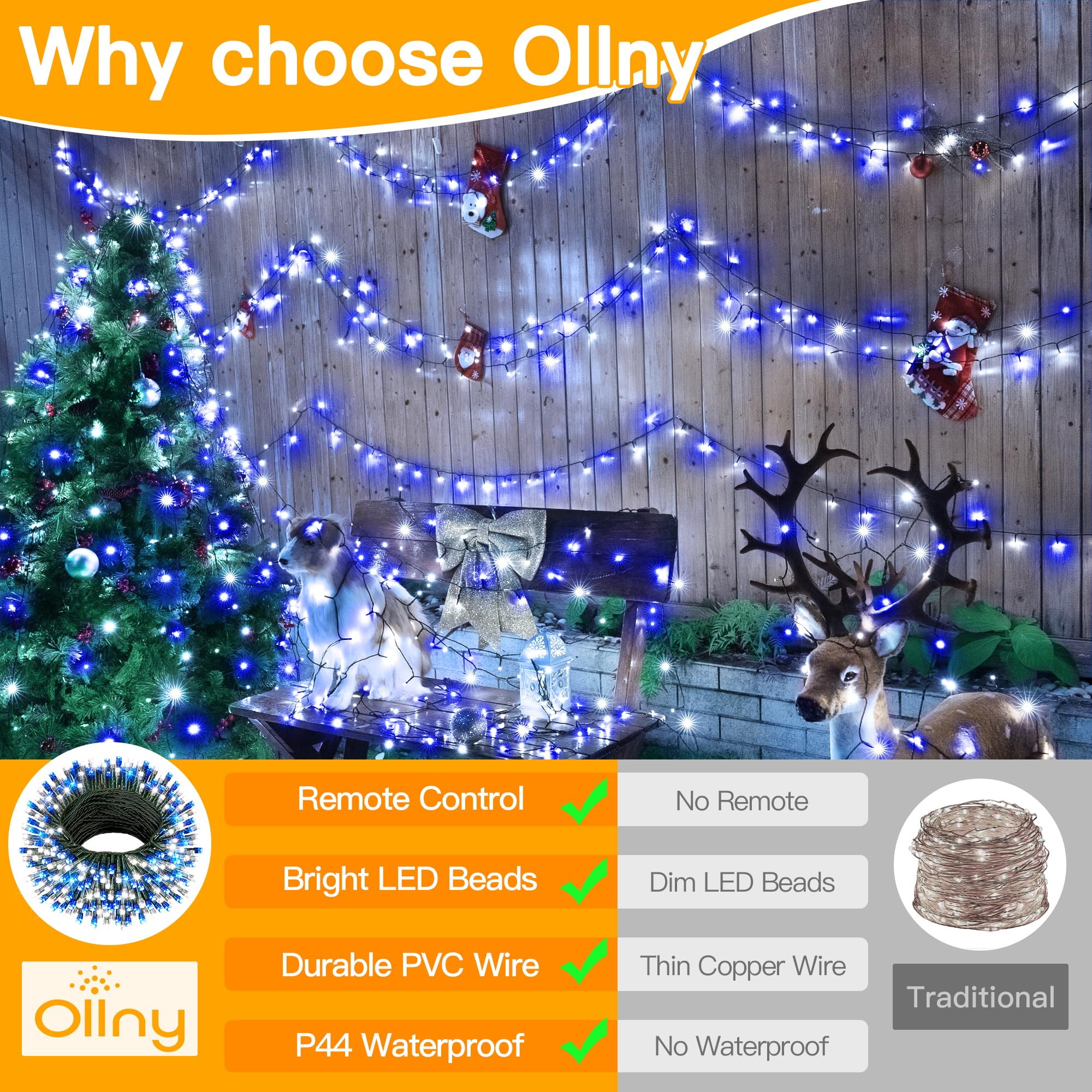Ollny Christmas Lights - 400LED Blue & White String Lights, 131FT, Waterproof, 8 Modes, Remote for Indoor/Outdoor Decor, Model HG-29V415C