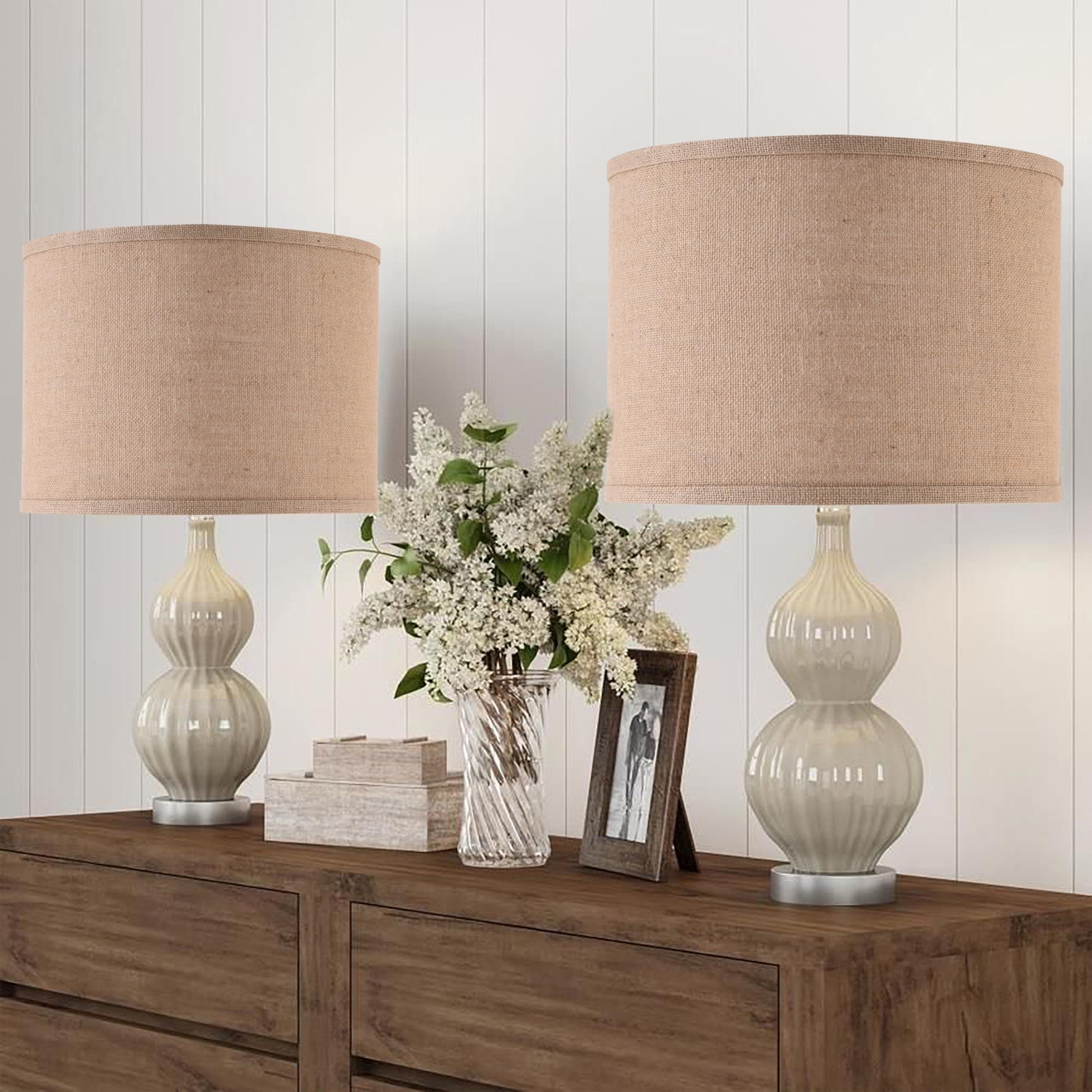 Papaya Drum Lampshade Set Of 2, 13 Brown Burlap Linen Shades, Model P504B