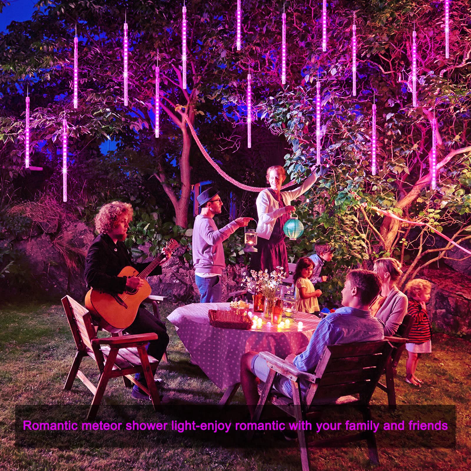 JMEXSUSS Solar Meteor Shower Lights, 144 LEDs, 8 Tubes, Pink, PVC, Outdoor Decorations for Valentines Day, Xmas, Weddings, Parties