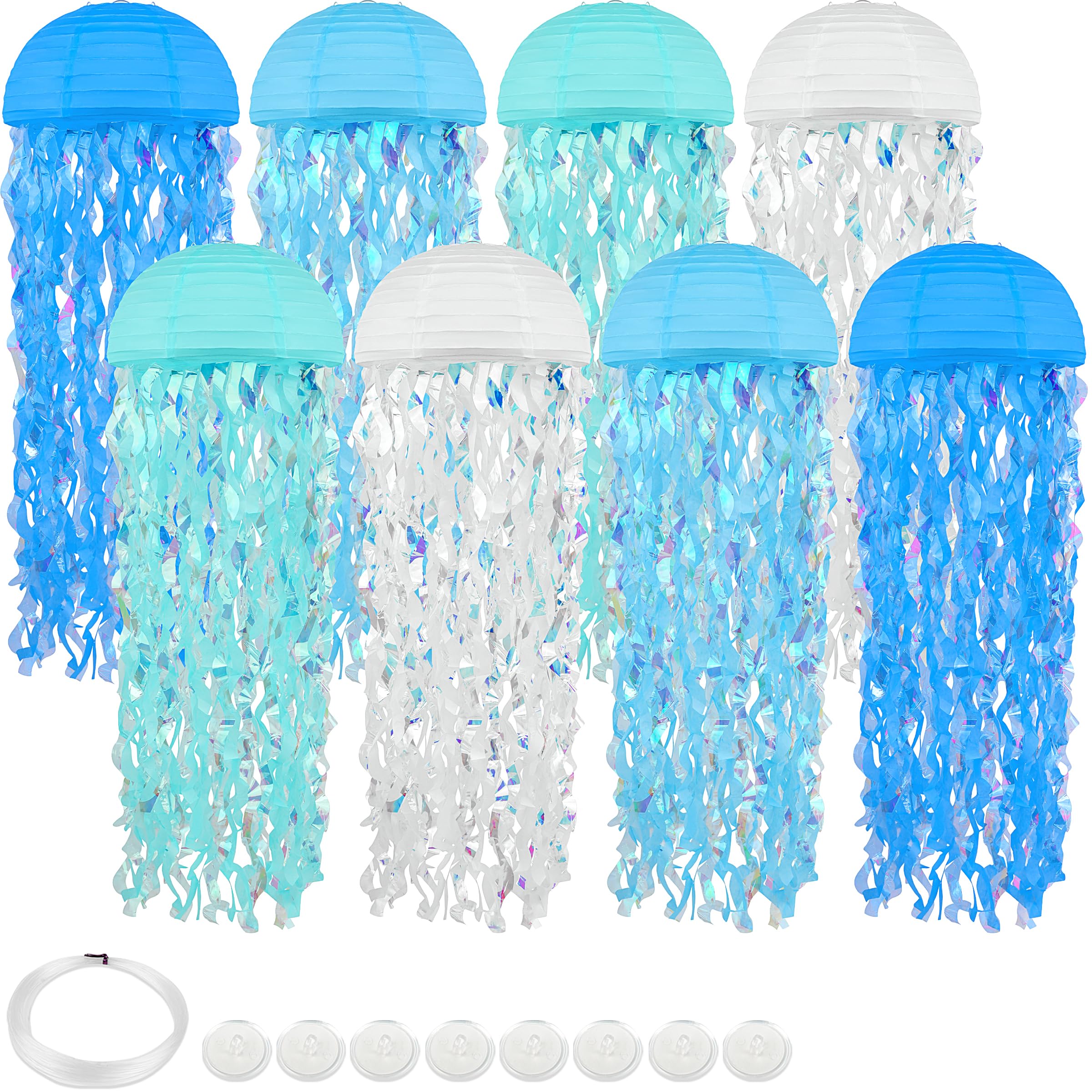 Bisanzoya 8 pcs Jellyfish Paper Lanterns Ocean Decorations, Metal, Dark Blue/Light Blue/White, for Birthday & Baby Shower