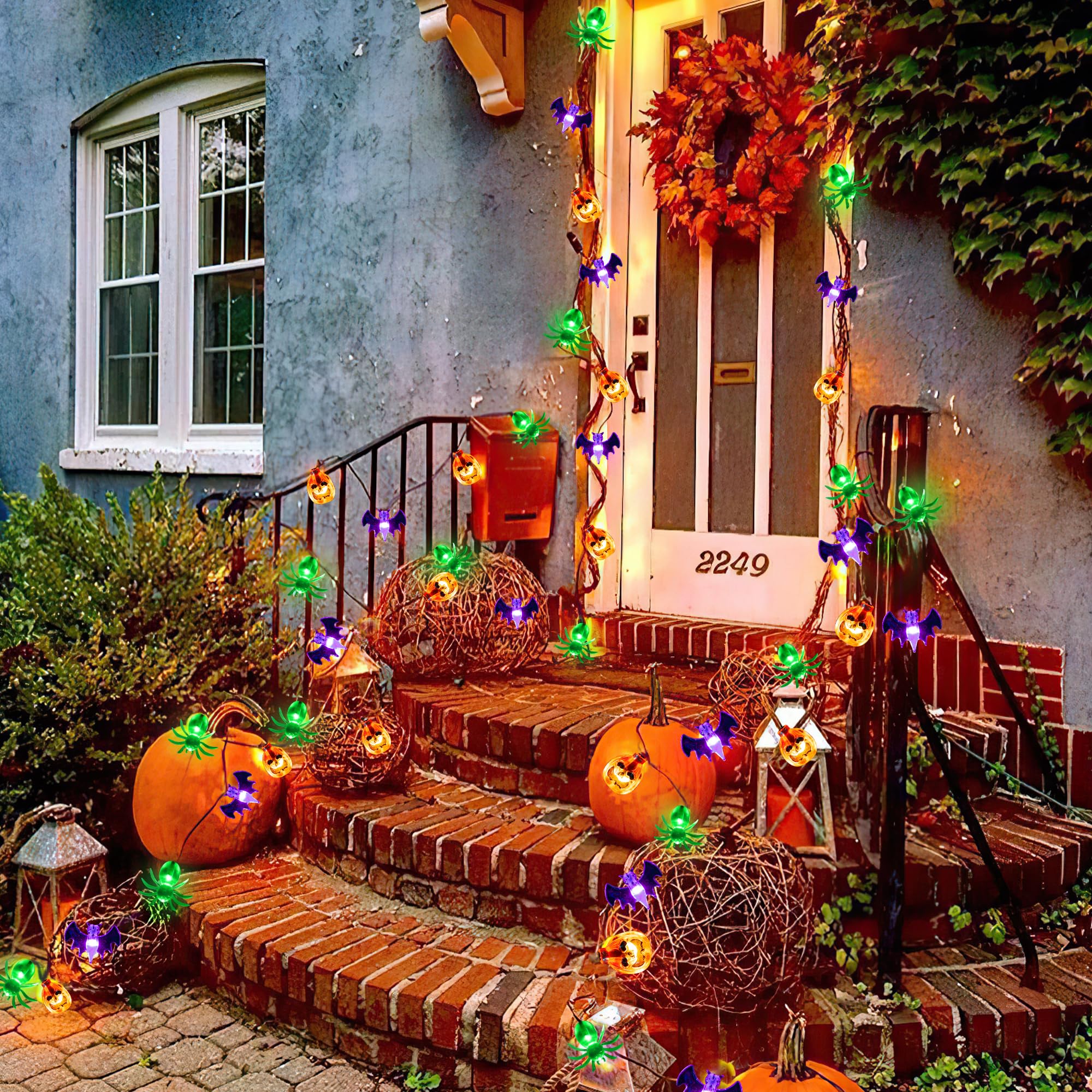 Halloween Lights Outdoor Indoor 20Ft 30 Led 3D Pumpkin Bat Spider Battery Operated Halloween String Lights With Timer, 8 Light Modes Waterproof Halloween Decorations Lights For Yard Window Party Decor