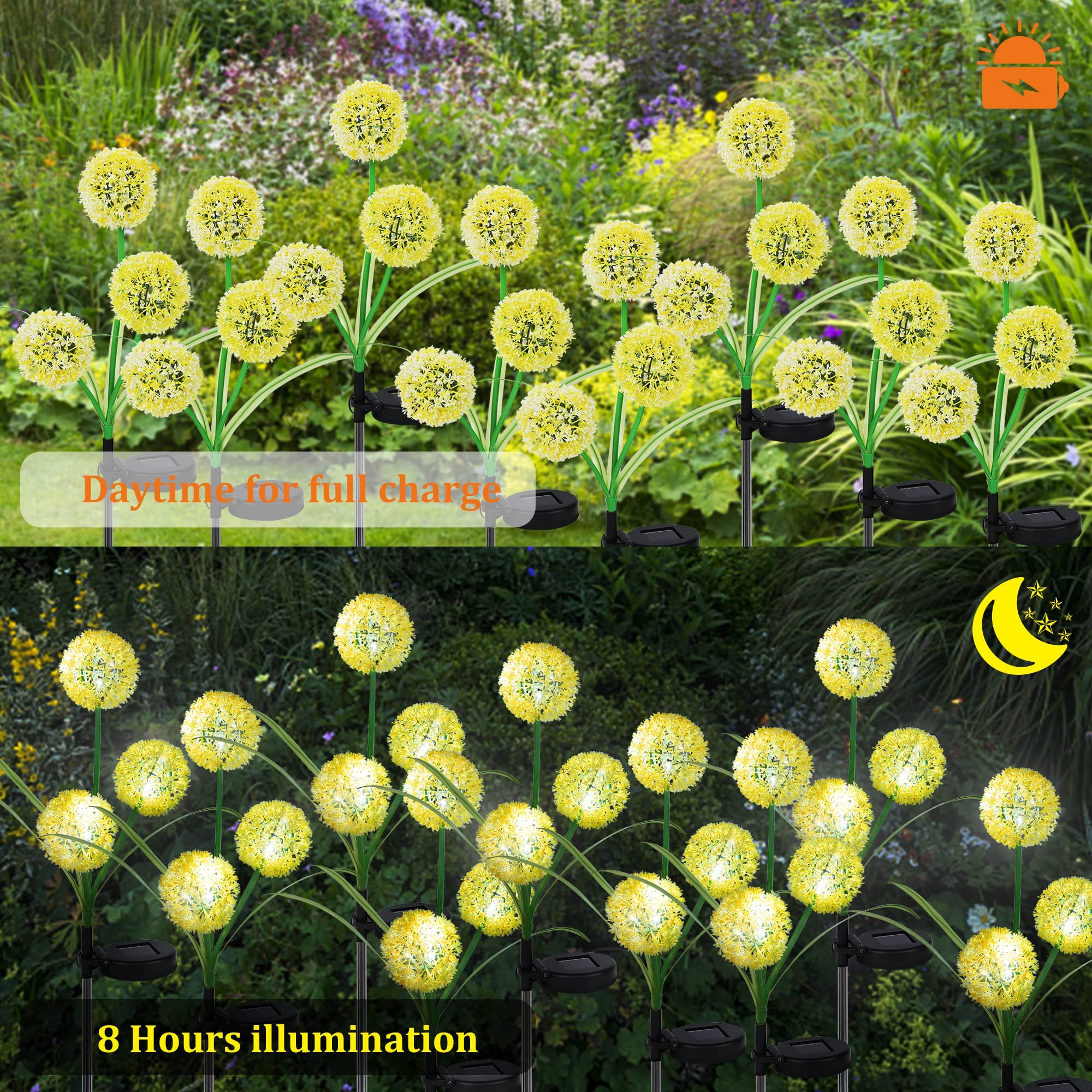 Forup Solar Garden Stake Lights - Dandelion Design, Yellow & White Led Outdoor Decor, 2 Pack