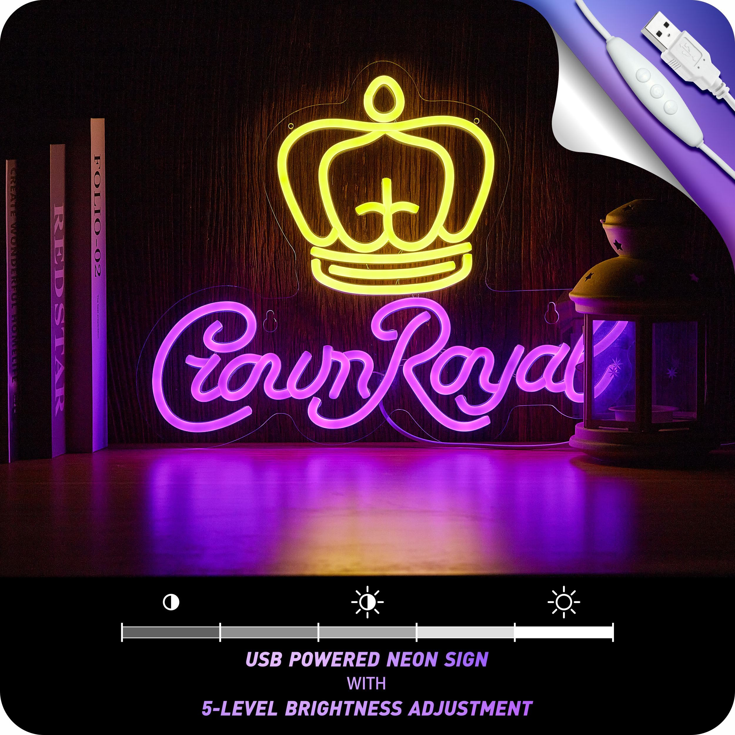 MkoGad Crown Neon Sign Wall Decor LED Light, 16.5inx12.6in, Acrylic, Yellow & Purple for Bar, Pub, Party, Club