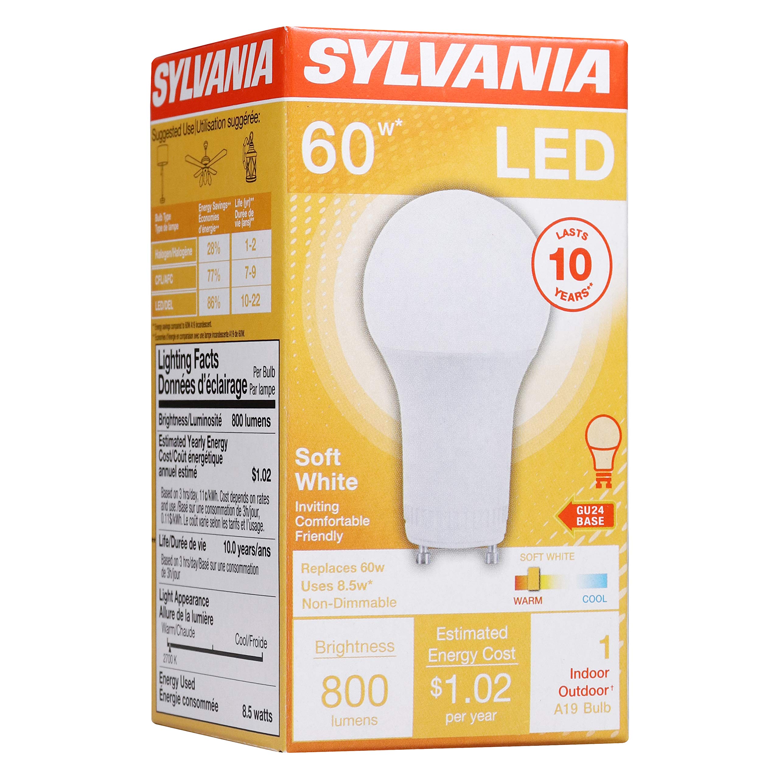 LEDVANCE A19 LED Light Bulb, 8.5W, 60W Equivalent, Soft White 2700K, Non-Dimmable, 800 Lumens, 1 Pack