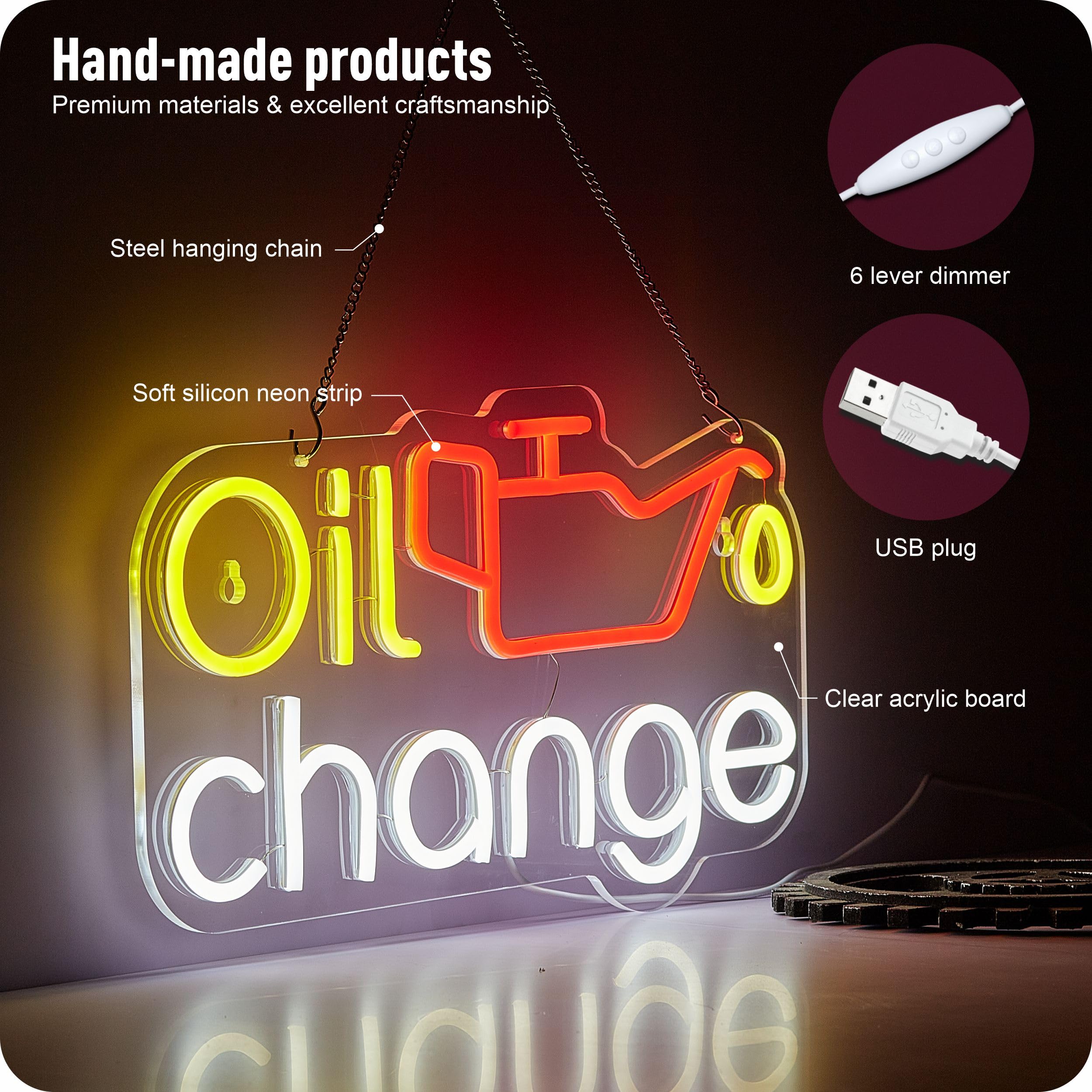 IMTATTO LED Neon Sign for Garage, Auto Repair, 9.3 x 16.5 in, Acrylic, White + Yellow + Red, USB Powered with Dimmer