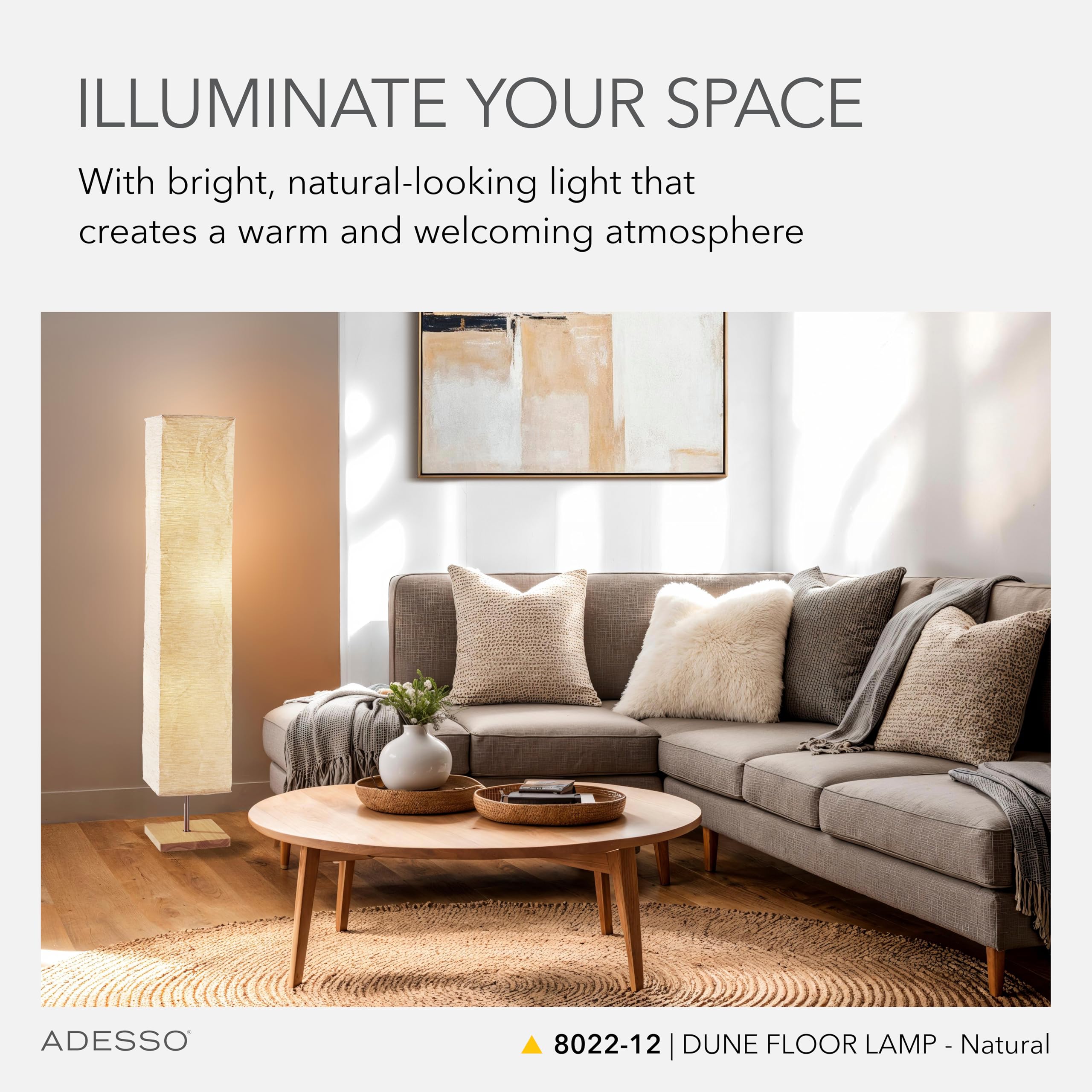 Adesso Three Light Floor Lamp, Adjustable Brightness, Natural Wood Base, 10" D x 10" W x 58" H, Beige, Model 8022-12