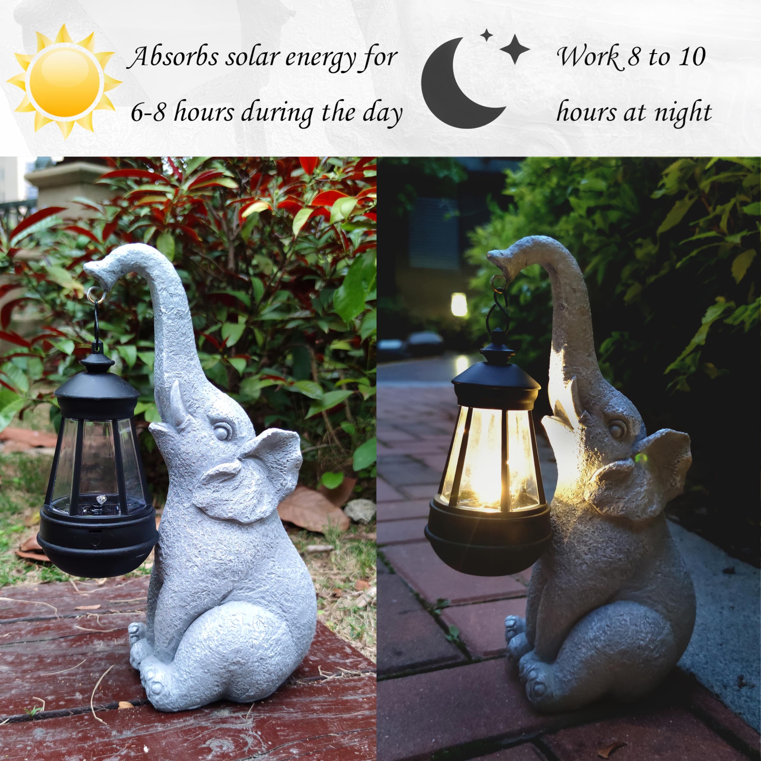 Qobumy Elephant Solar Garden Statues,Resin Elephant Figurine Decorations With Solar Lights Lantern, Outdoor Figurines Lawn Garde