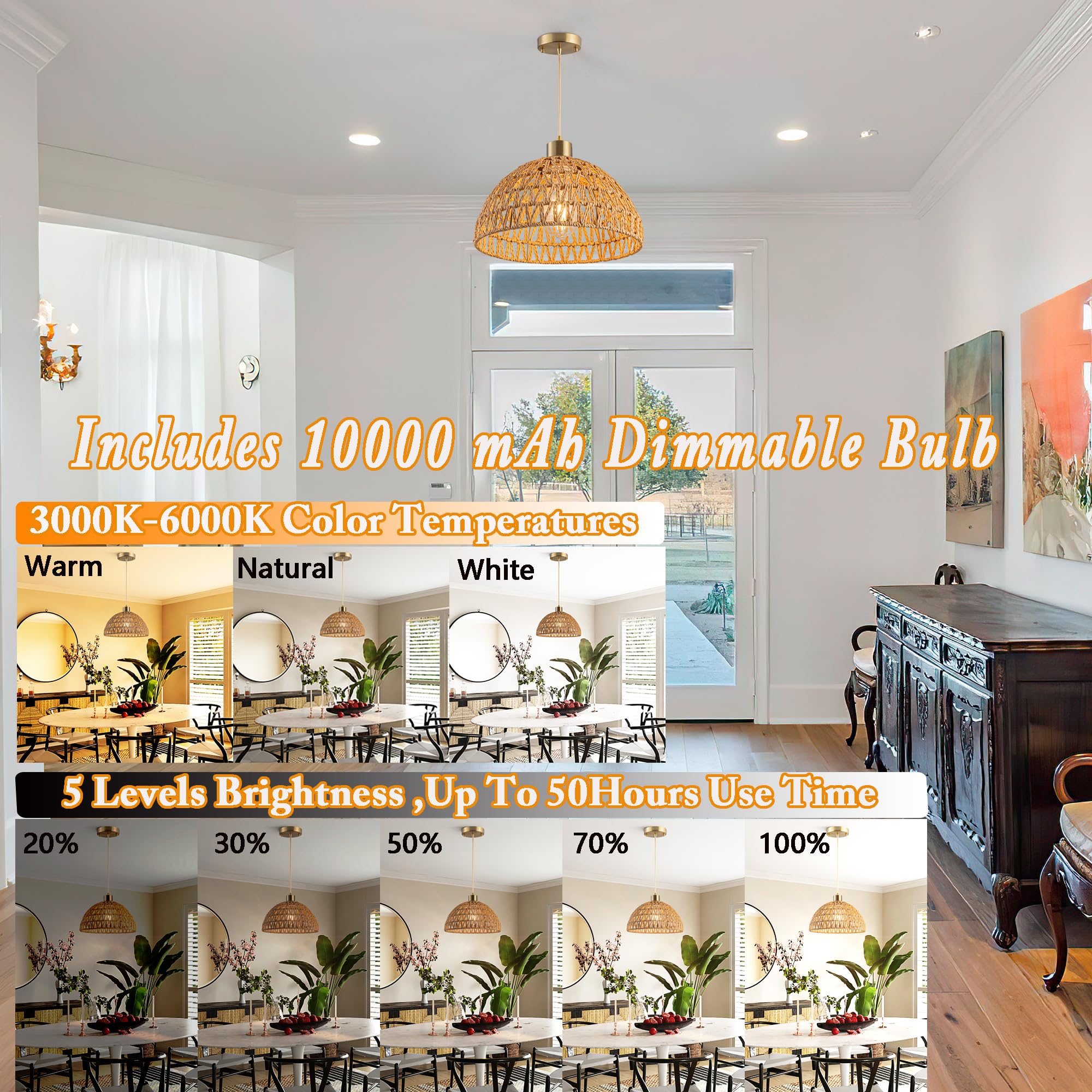 Nekhung Battery Operated Pendant Light With Remote-Battery Chandelier Handwoven Rattan, Battery Hanging Light 50+Hours Long Life