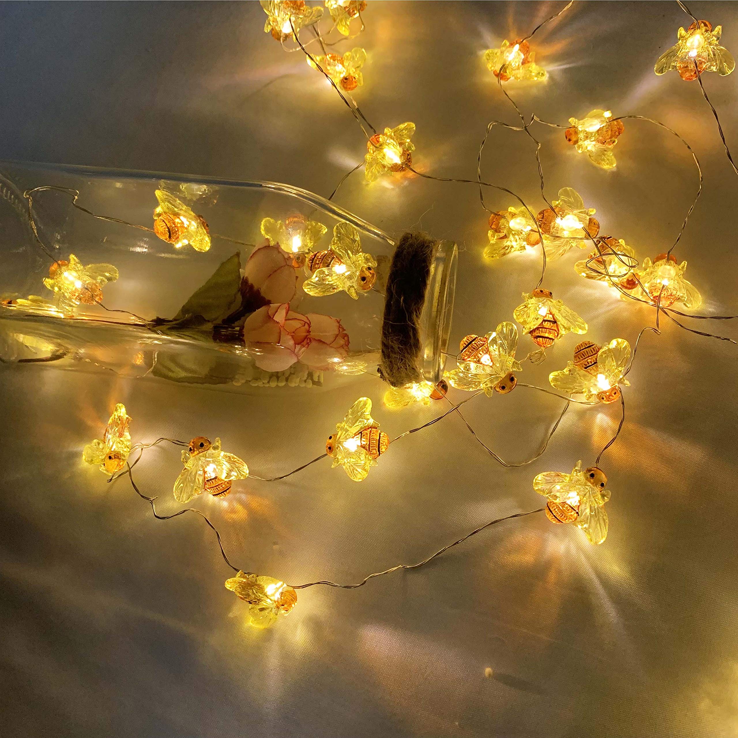 NiniTe LIGHTS 40 LED Honeybee Fairy String Lights, Waterproof, Battery Operated, 8 Modes, Remote Control, Indoor/Outdoor