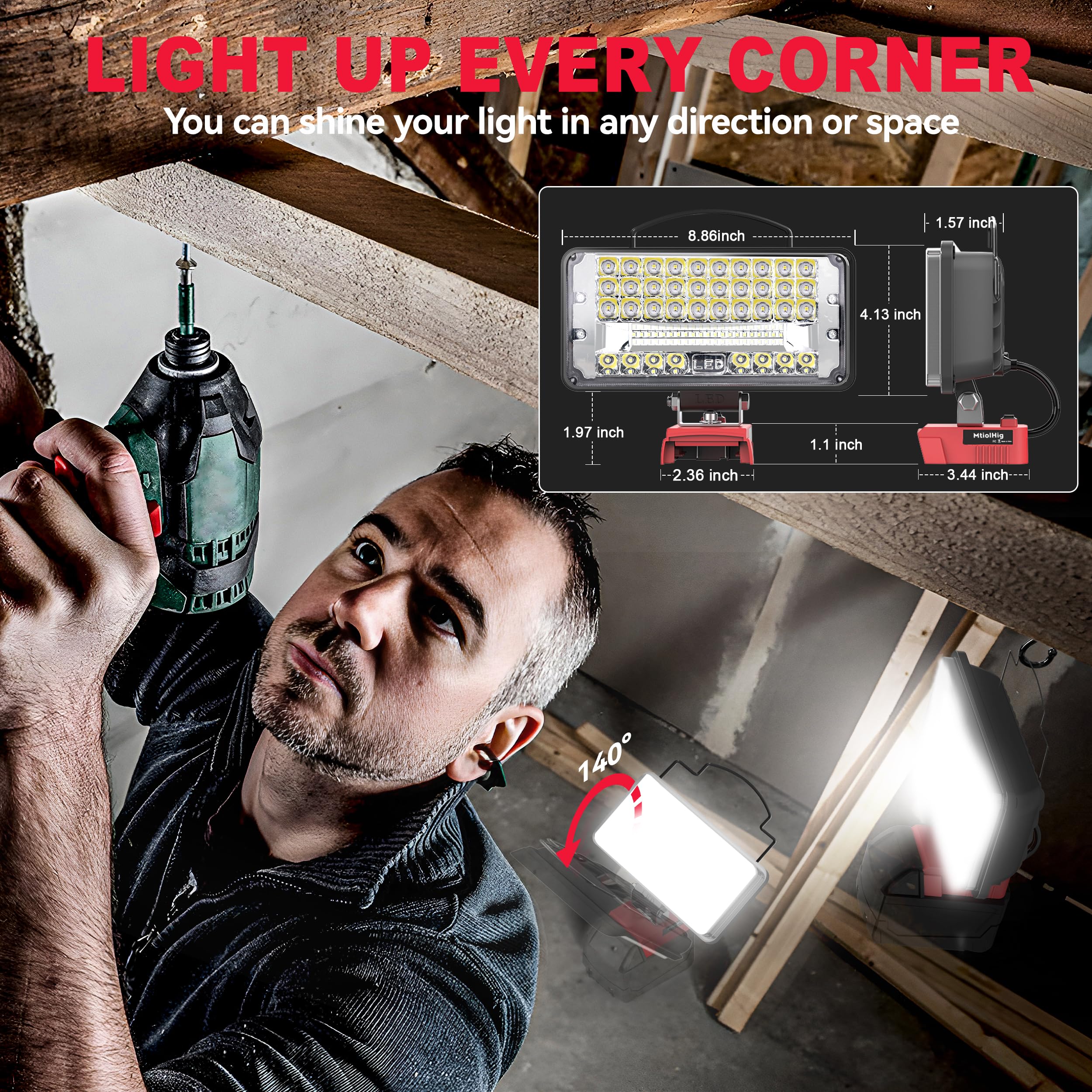 MtiolHig Cordless LED Work Light 145W - 14500 Lumen - Compatible with Milwaukee 18V Battery - Portable Flood Light for Work & Outdoor Use