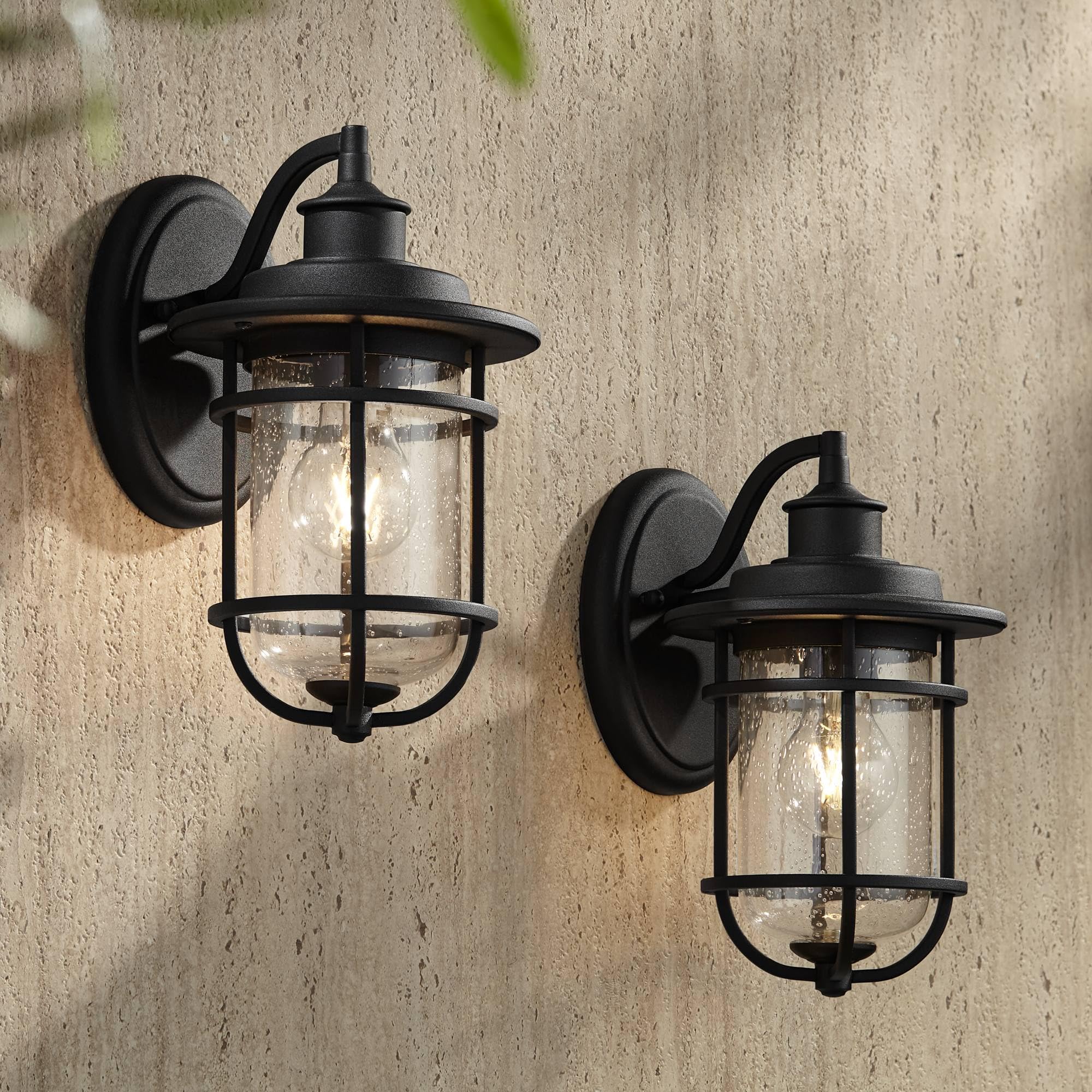John Timberland Outdoor Wall Light Fixtures Set of 2, Textured Black, 10.5in Lantern, Clear Seedy Glass, Alloy Steel, Model JF-2017042