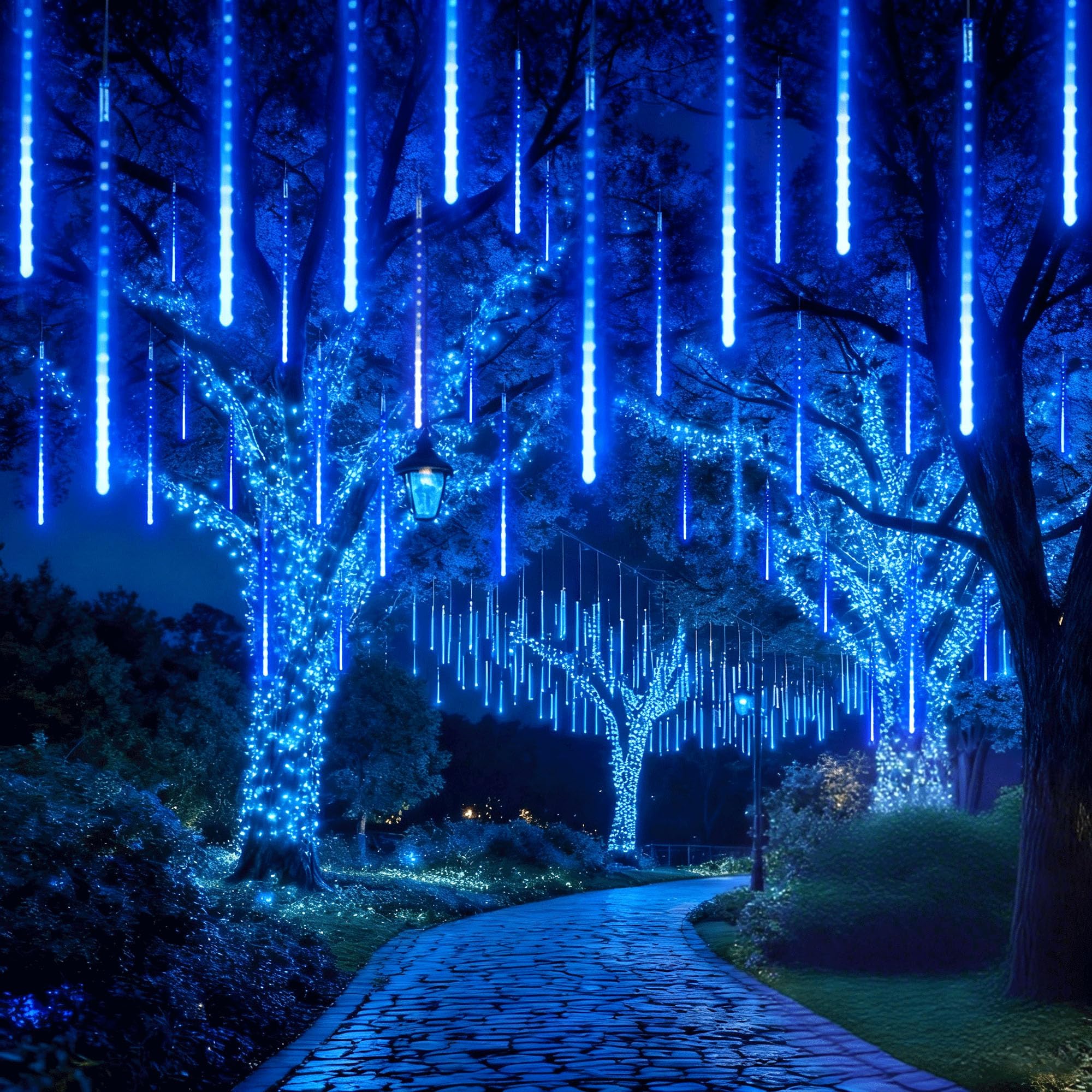 EEIEER Meteor Shower Lights  11.8 inches 10 Tubes 240 LED Christmas Meteor Lights Snowfall Light for Outdoor Decoration  Waterproof Falling Rain Drop Light for Garden Tree Party Holiday-Blue