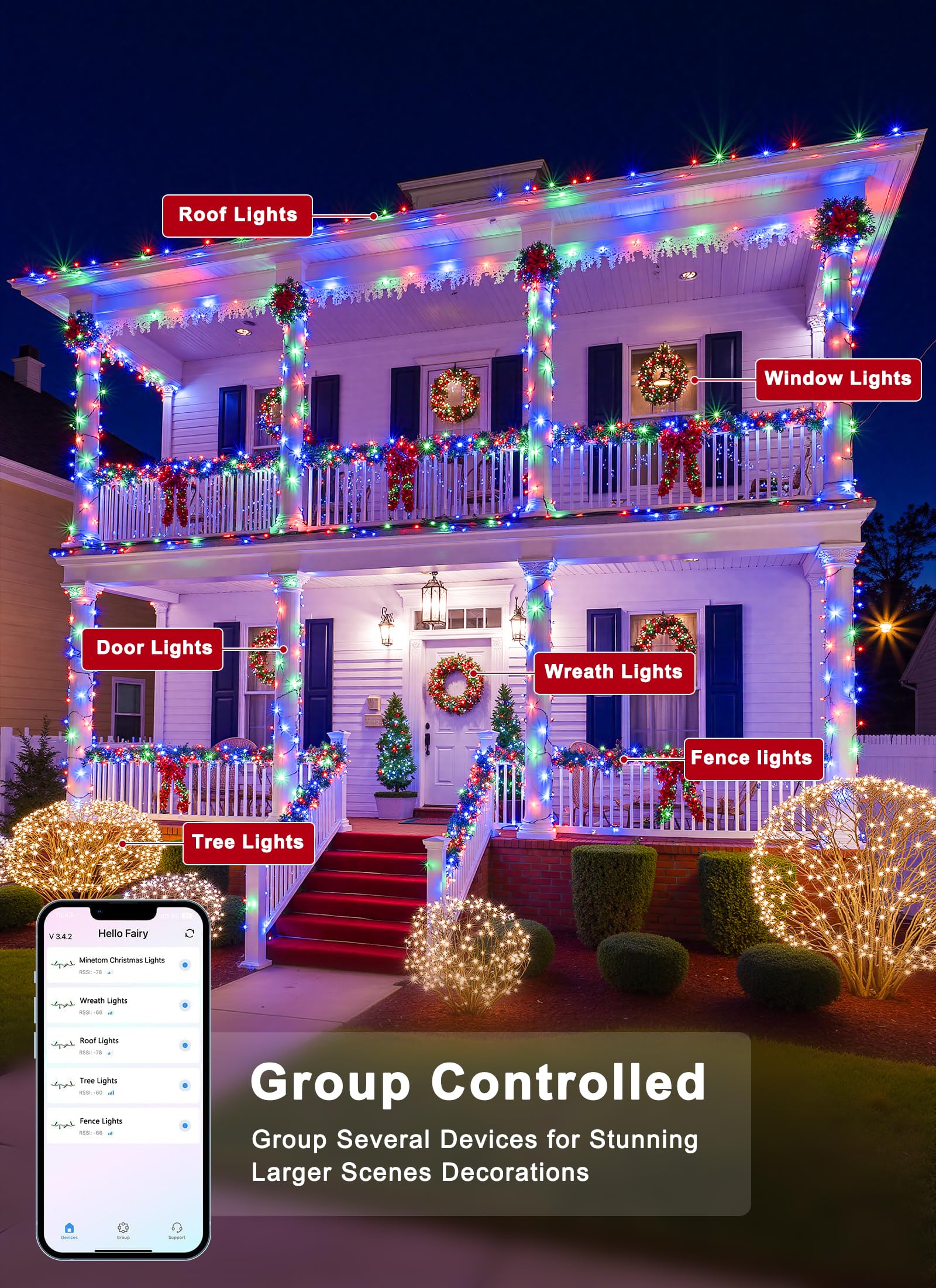 Minetom LED Color Changing Smart RGB Christmas Tree Lights, 500 LED, 165ft, Remote & Timer, Plastic