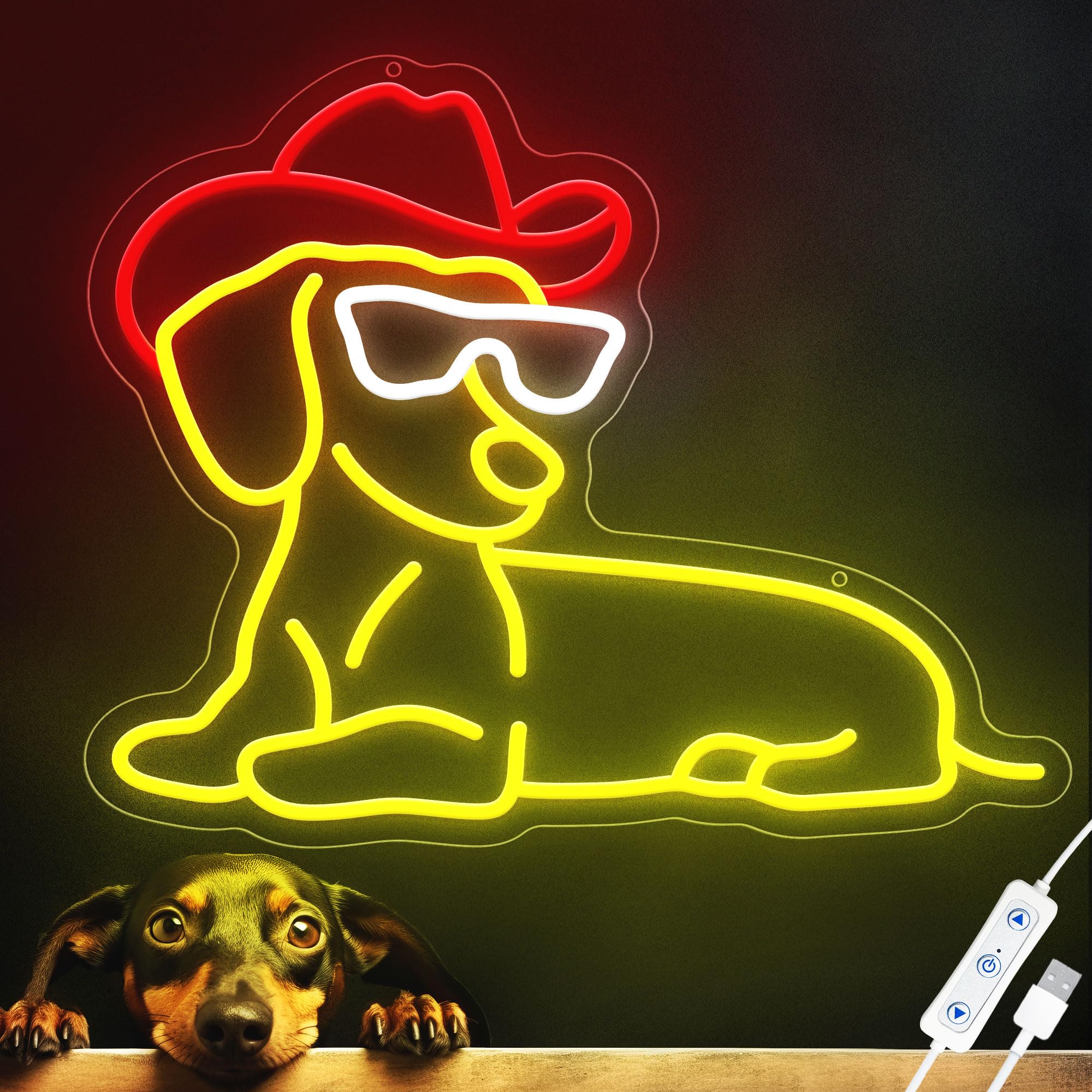 ZLOOREE Dachshund Neon Sign, Dimmable LED Wall Decor, 11.7inx15in, Acrylic, White/Red/Yellow, Model 10