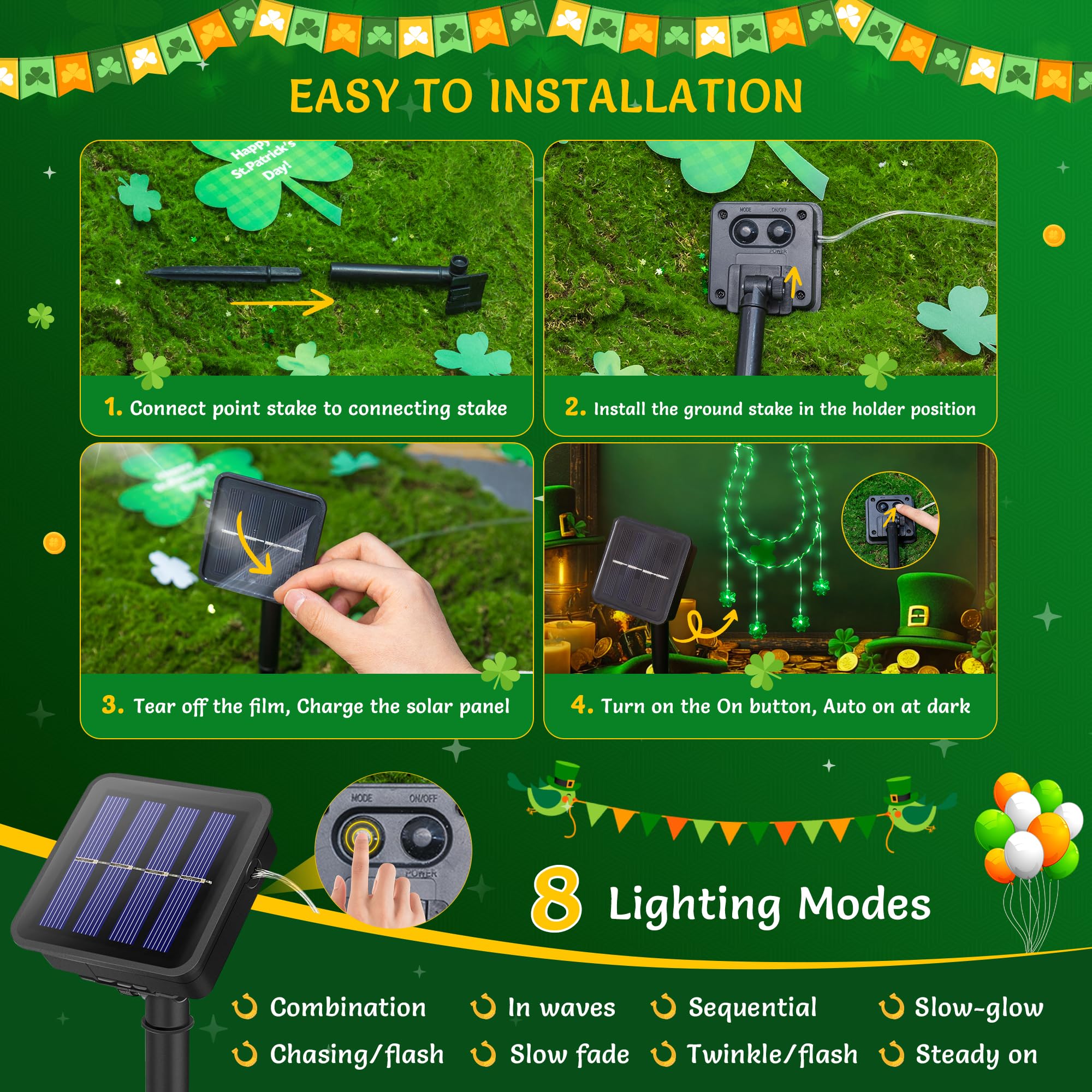Youngar St Patricks Day Solar Lights, Horseshoe Window Lights,11.6In 59Led Shamrock Green Iron Frame Silhouette Lights,Hanging 8