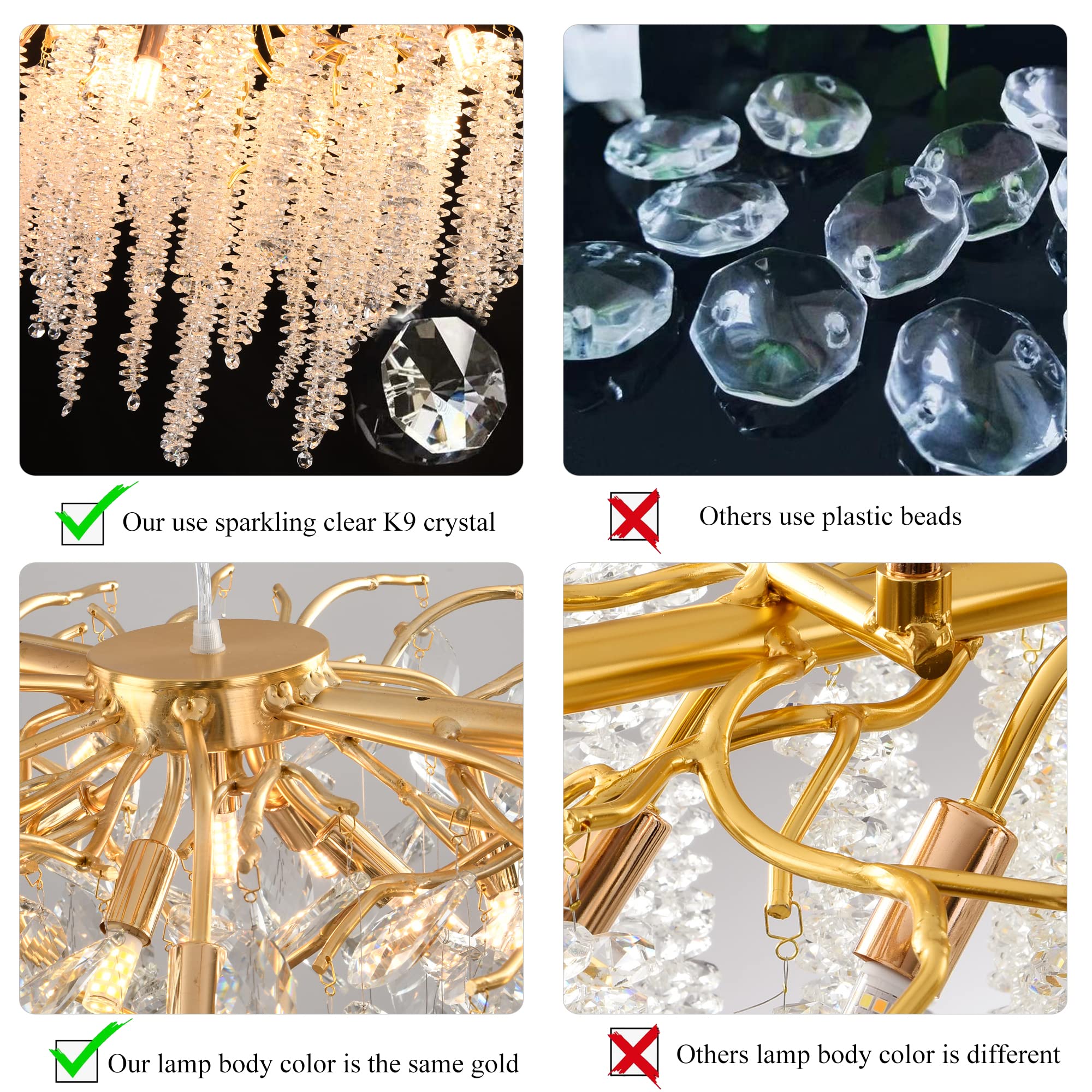 Puvaue Gold Crystal Tree Branches Chandelier 9-Light Round Pendant Light 23.7" for Dining Room, Bedroom, Living Room, Entryway