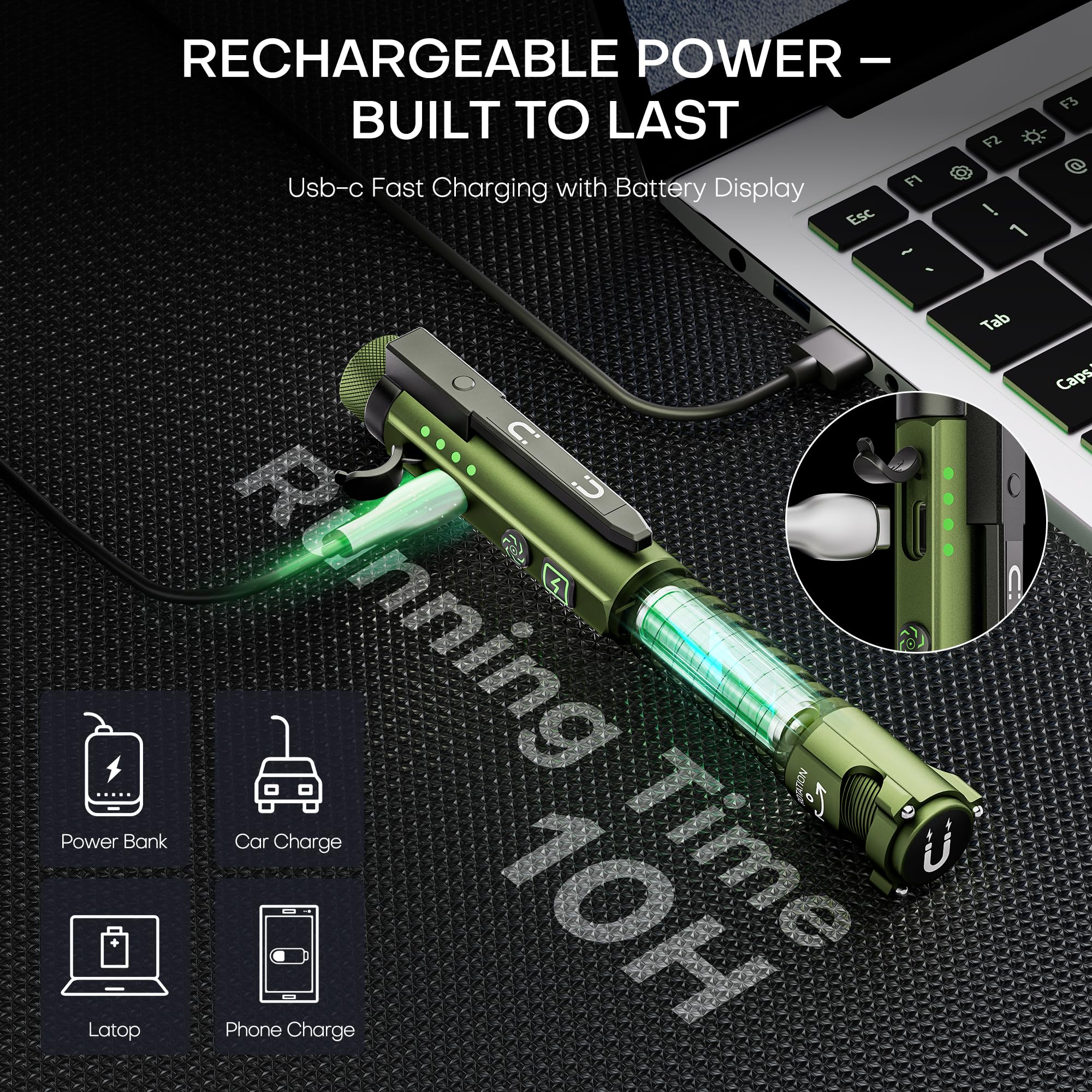 PASIION EDC Pen Flashlight 800 Lumen, Rechargeable, Green, Large, Model FL03P, with Magnetic Clip, 11 Modes, Glass Breaker & Bottle Opener