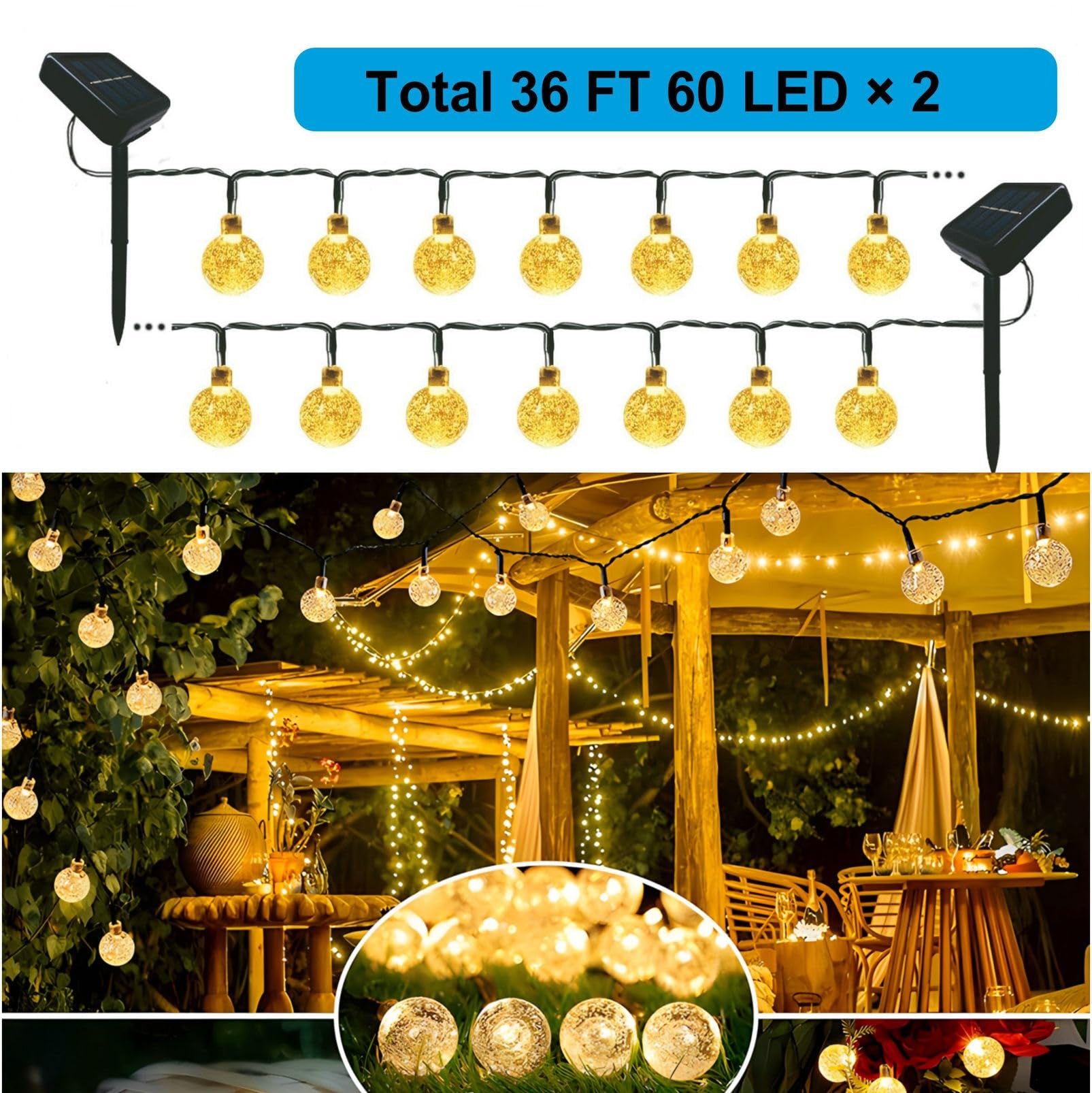 Updated Solar String Lights - Outdoor Waterproof 2 Pack 120 Led 72Ft Warm White Big Ball Led Christmas Lights For Garden, Lawn,