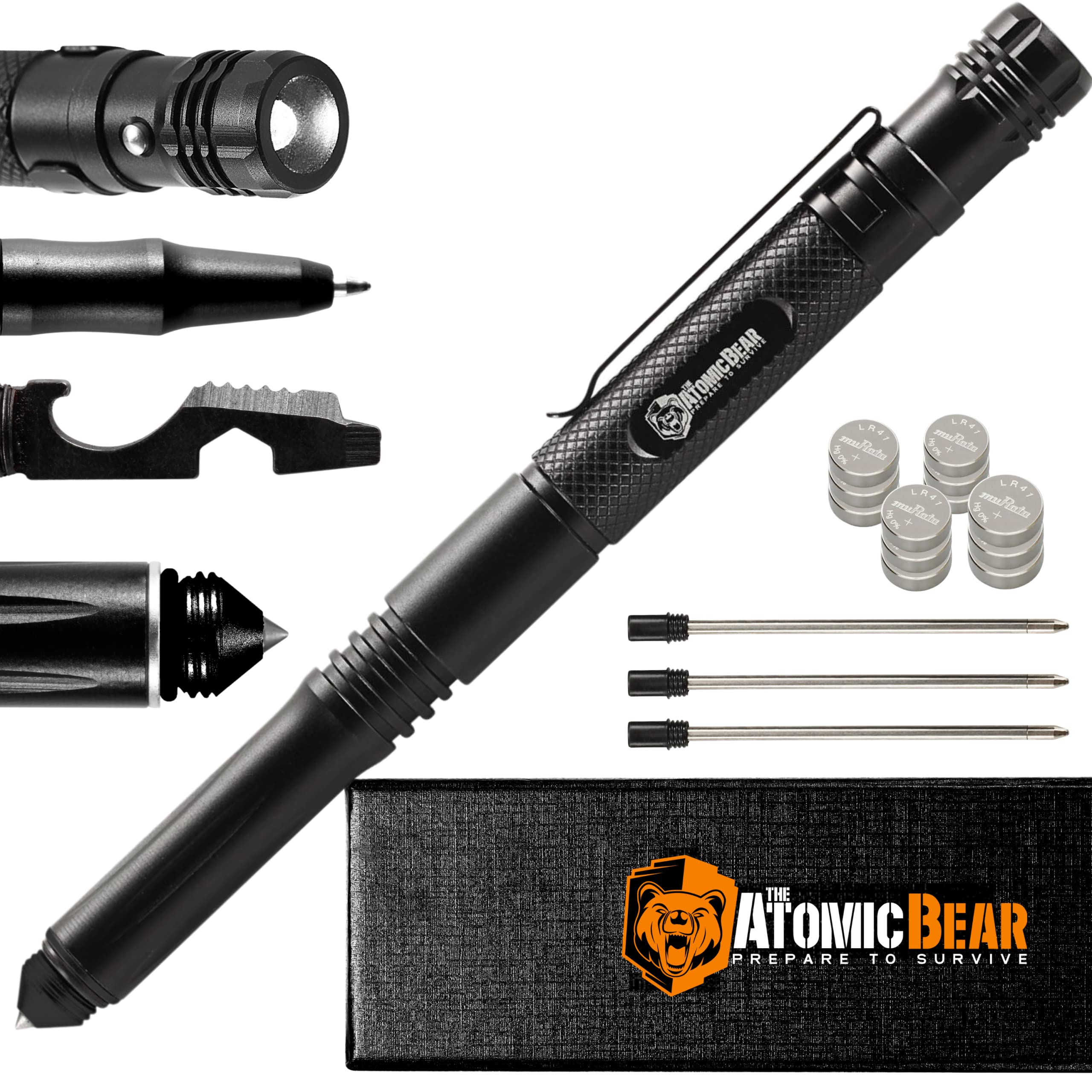 Tactical Pen - Self Defense Pen & Multi-tool Pen - Flashlight Survival Pen for Men & Women - Tactical Gear & Gift - Military EDC Pen + Glass Breaker + Bottle Opener - 3 Ink Refills + 12 Batteries