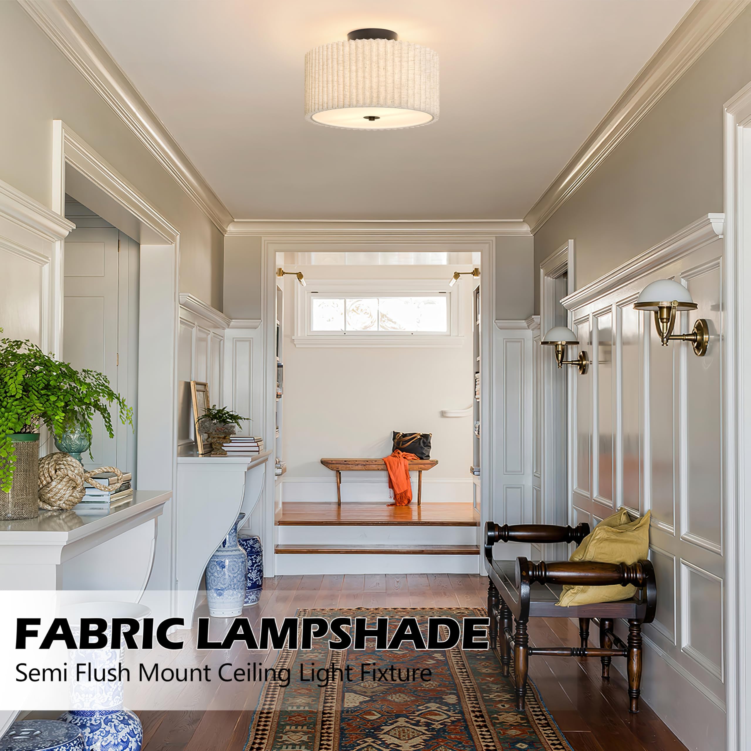 2 Light Semi Flush Mount Ceiling Light Fixture 12.6 Inch Modern Black Drum Ceiling Light Fixture With Pleated Fabric Shade Dimma