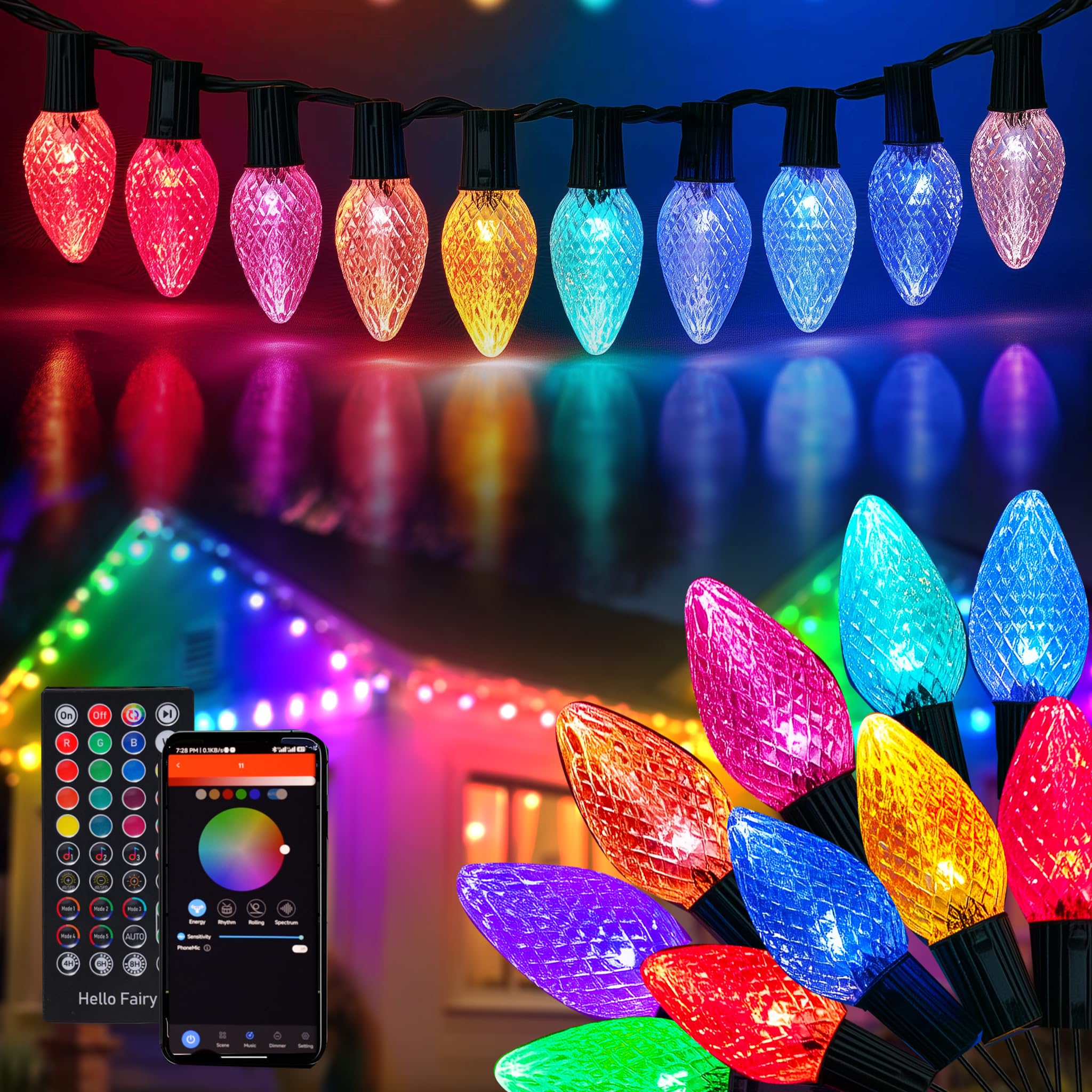 Dazzle Bright Smart C9 Christmas Outdoor Lights, 100 LED 66 FT RGB String Light with Remote, App Control, Music Sync, Connectabl