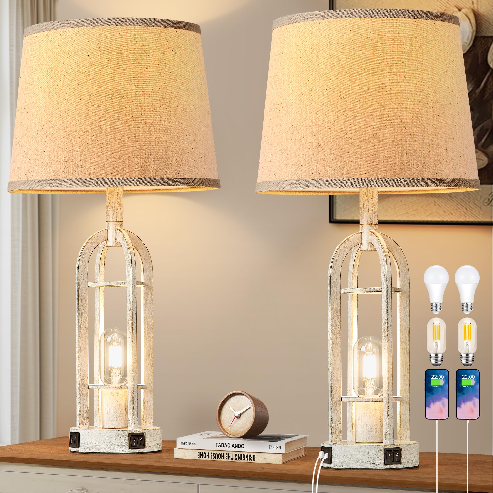 SRJJA Table Lamps for Living Room Set of 2 - Farmhouse Lamps for Night Stands with USB A+C, Bedside Lamps for Bedroom, 24'' Vint