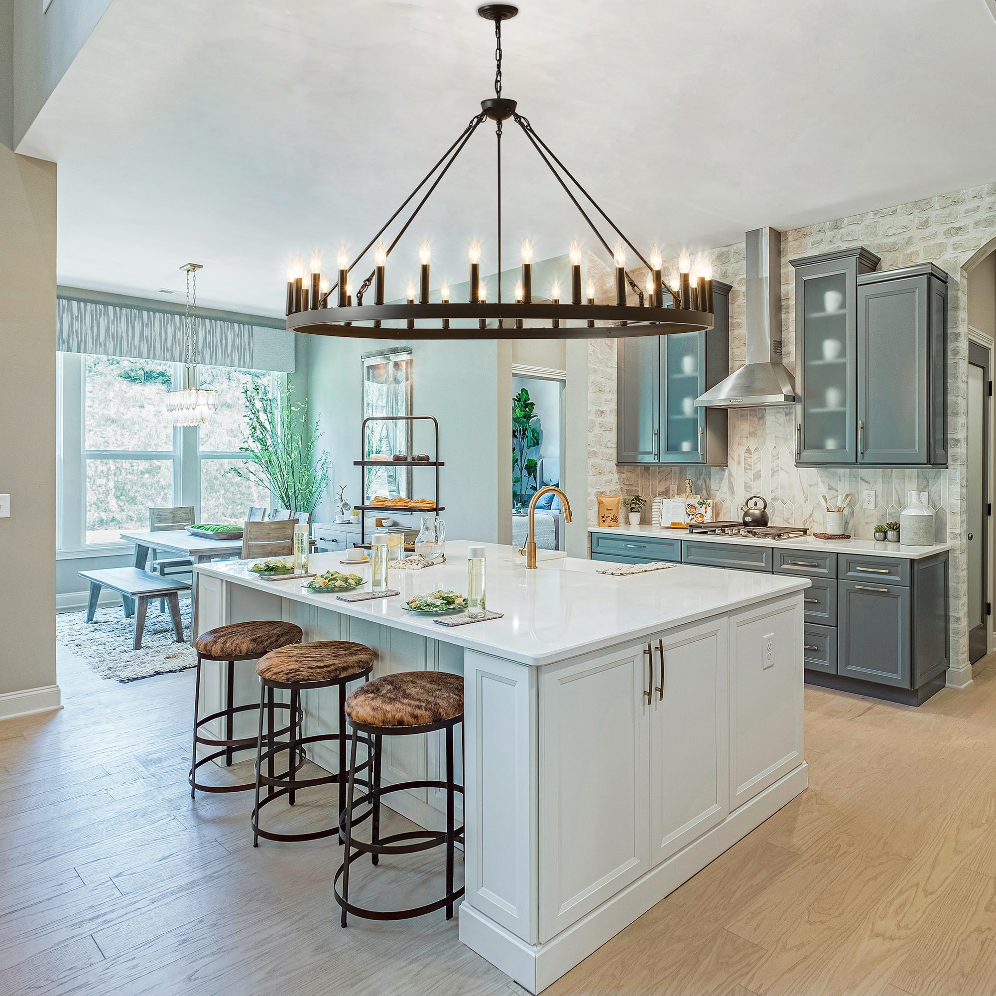 Zbmyrbzj 53&quot; Black Wagon Wheel Chandelier, 30-Light Metal Fixture For High Ceilings & Dining Room