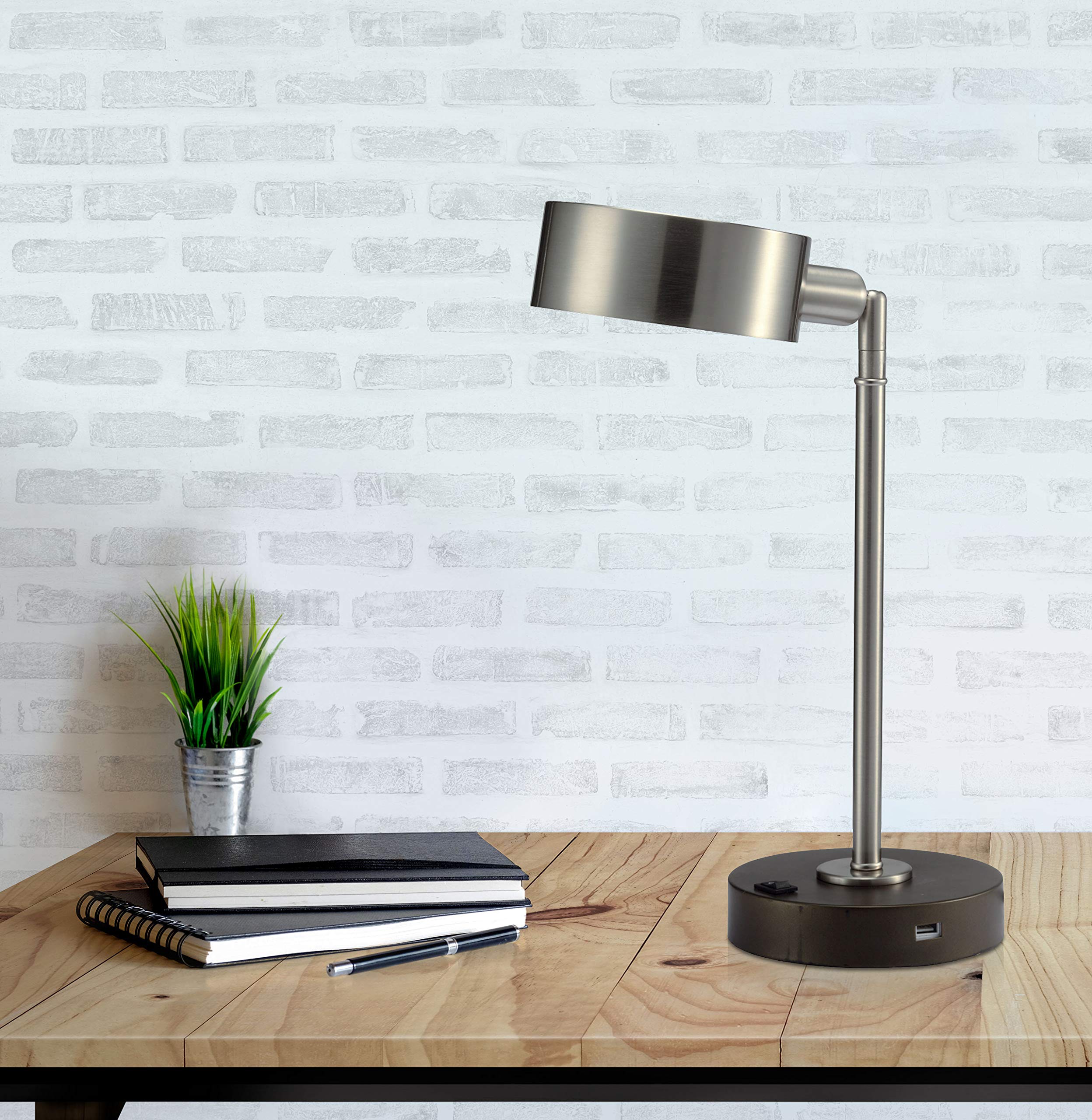 SH Lighting Modern Adjustable Task Table Desk Lamp - Pivoting Shade, Silver, Model 3838SN