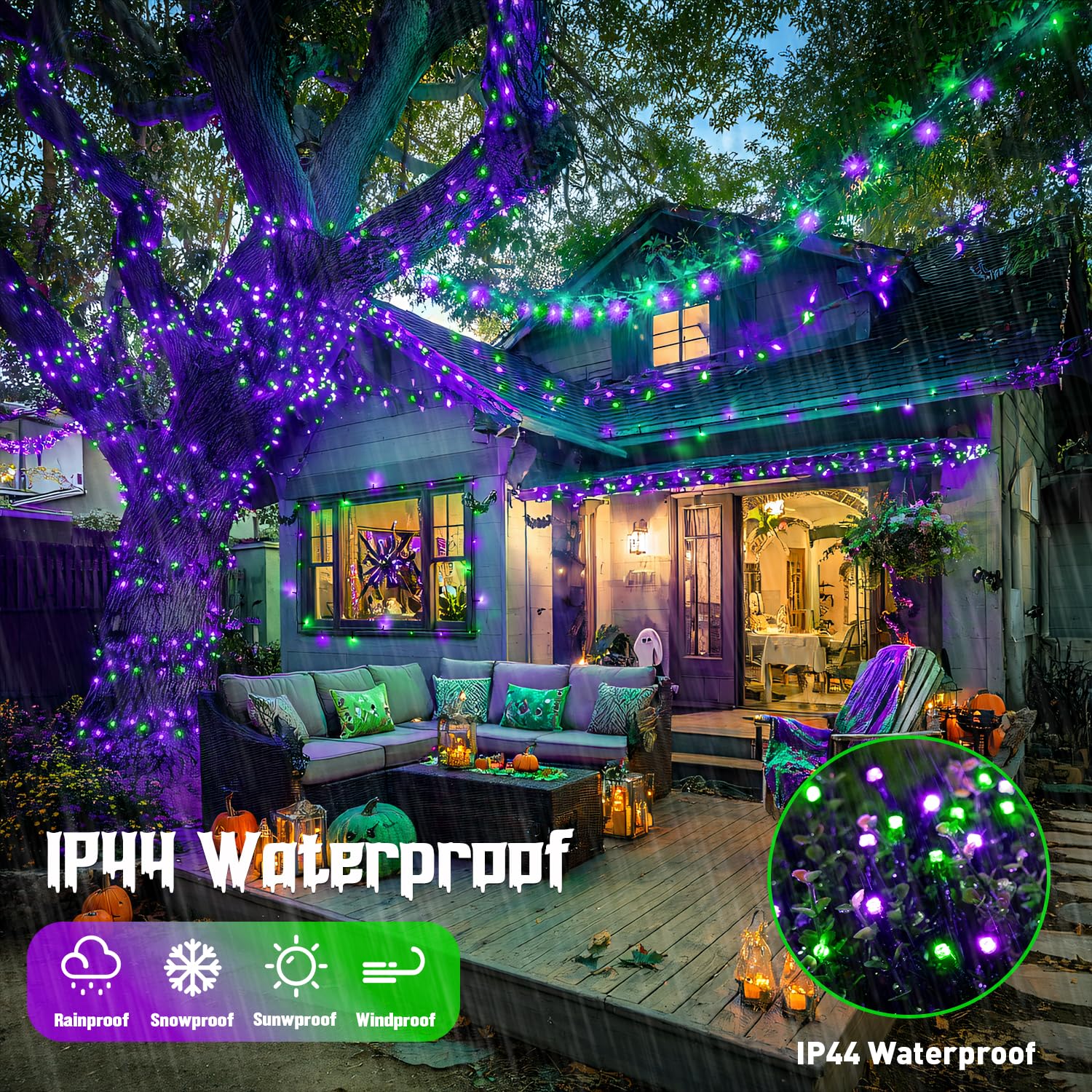 JMEXSUSS 250 LED String Lights - Purple & Green, Waterproof, 8 Modes, Model EXS-S-0250, Ideal for Outdoor Party and Halloween Decorations
