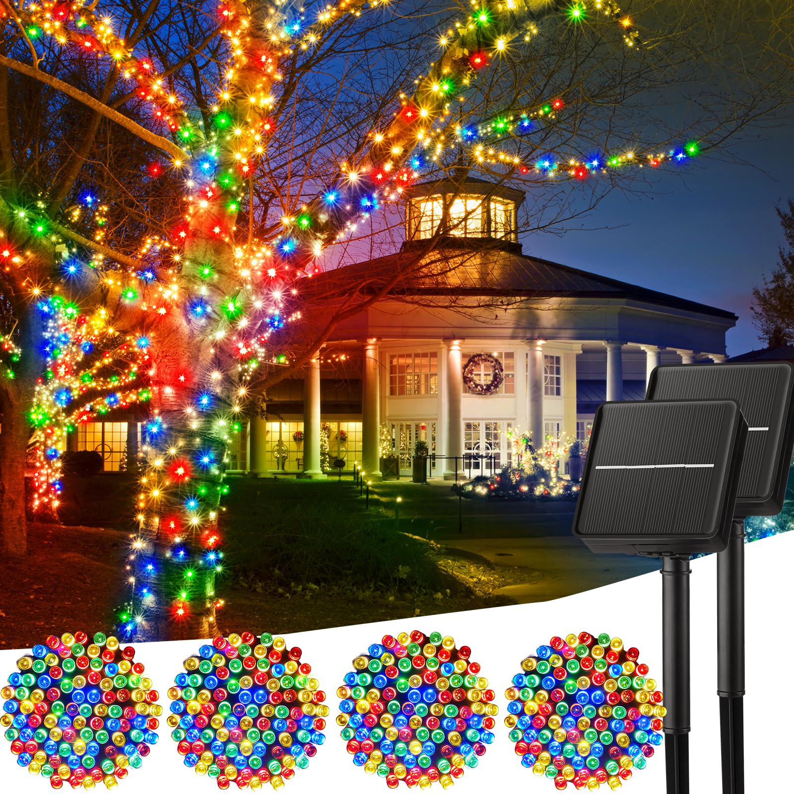 Minetom Christmas Lights Outdoor Solar Powered - 4 Pack Total 160FT 400 LED Christmas String Lights with 8 Lighting Modes, IP65 Waterproof Solar String Lights for Outside Tree Xmas Party, Multicolor