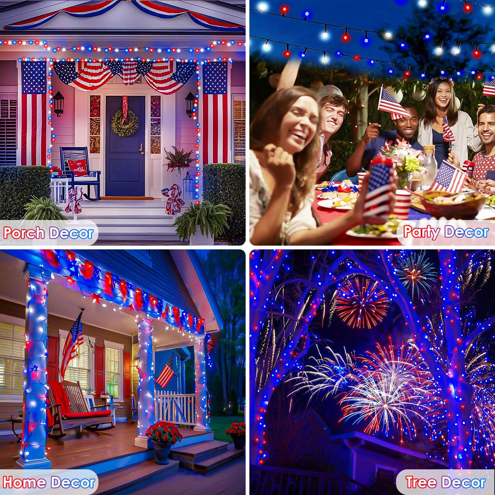 EXF 4pk Solar String Lights - 400LED 132FT Red White Blue Waterproof Fairy Lights for 4th of July Decorations