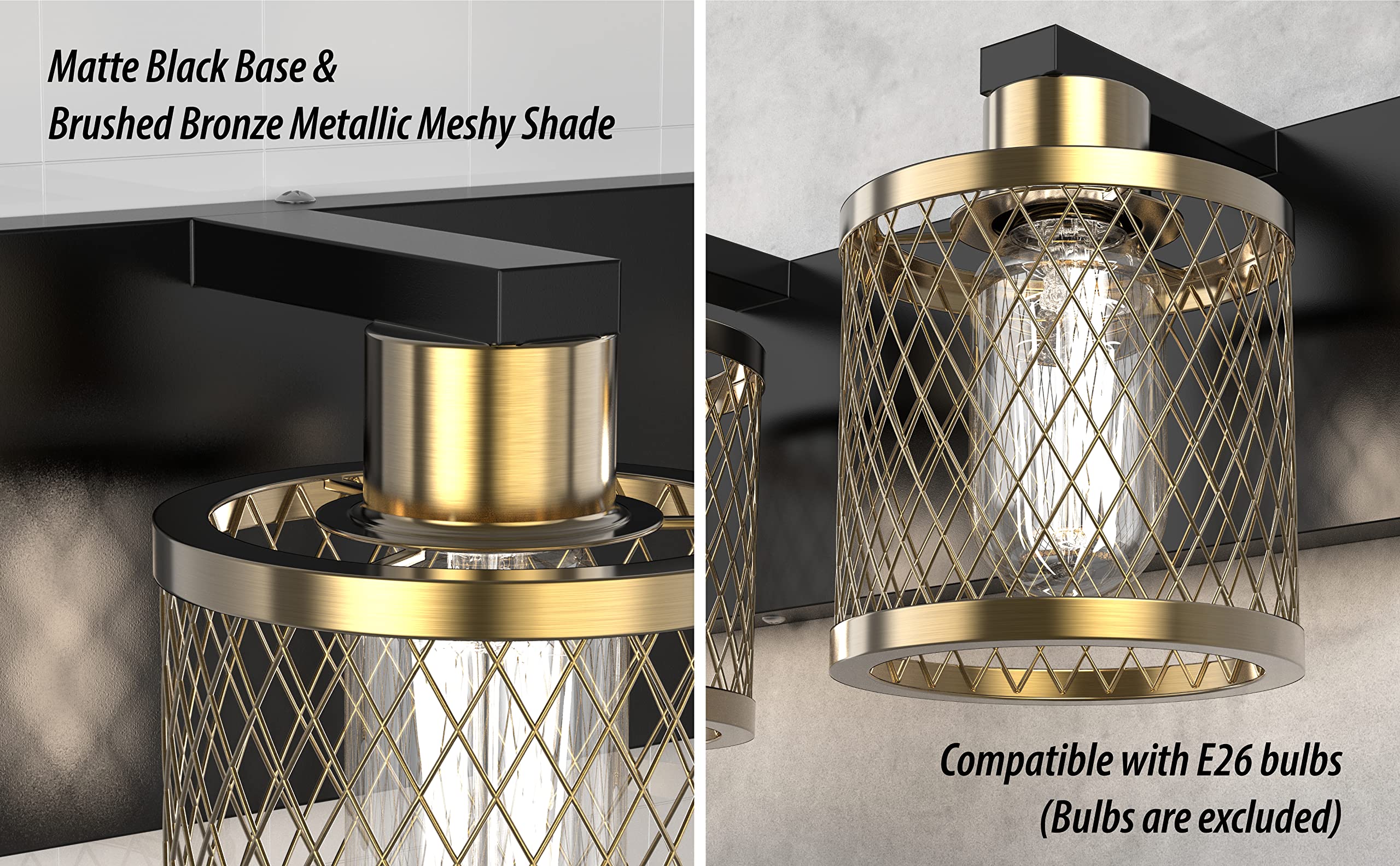 PHIXART Bathroom Light Fixtures - 3-Light Vintage Metal Vanity Light, Black & Gold, 20 inch, Model 9602-3Lights