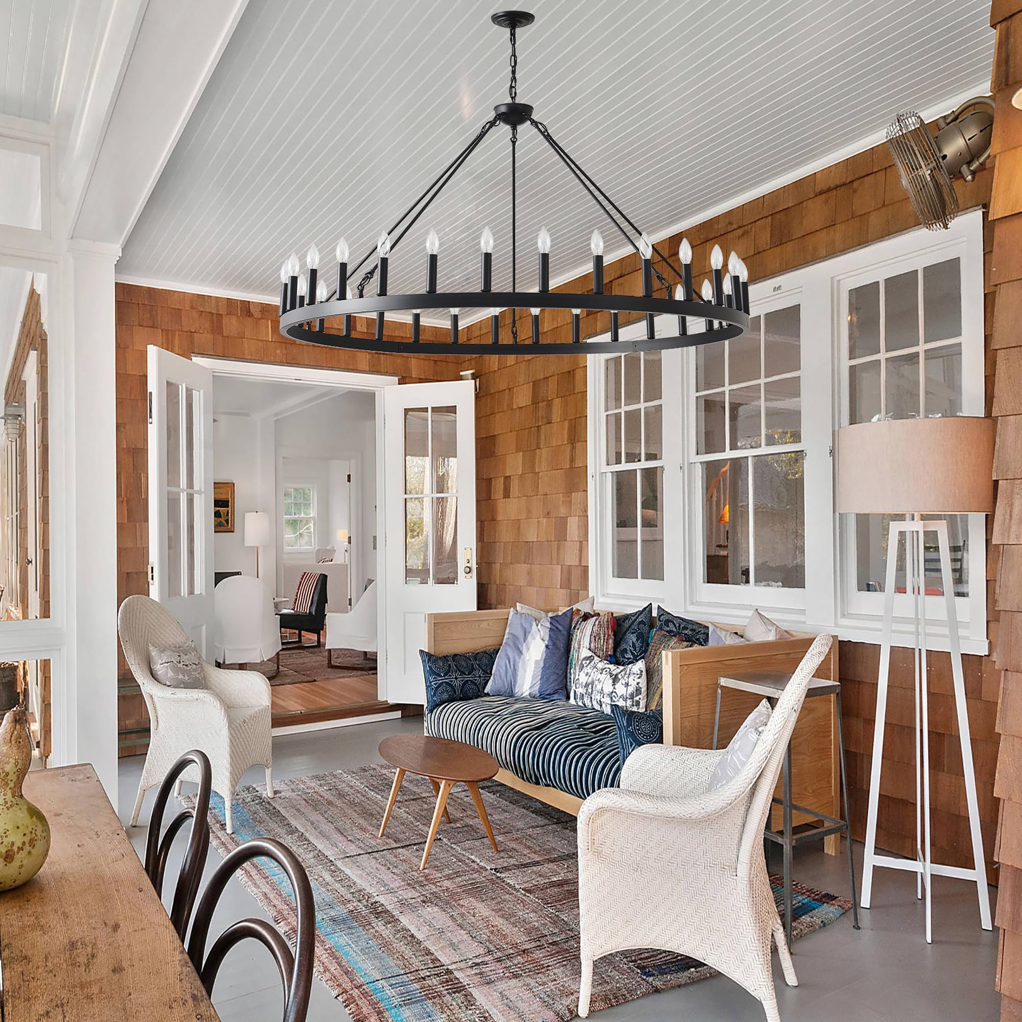 Sarudiir 53&quot; Black Rustic Wagon Wheel Chandelier, 30-Light Fixture For High Ceilings & Dining Room