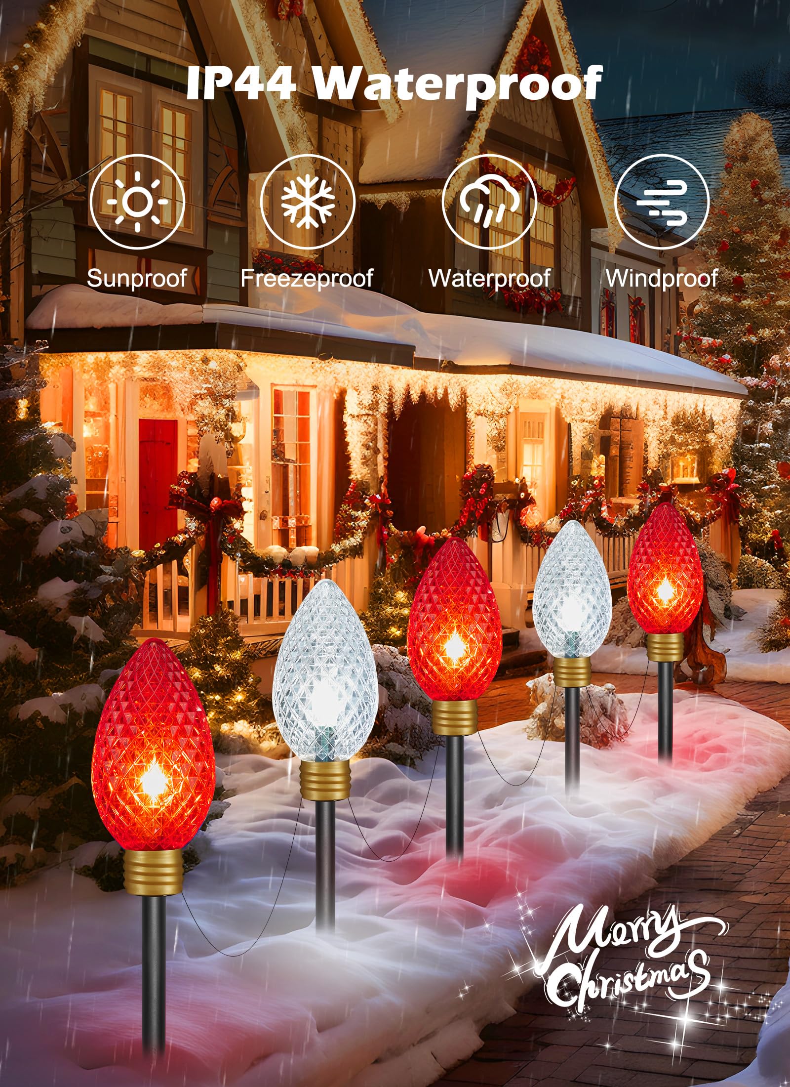 Minetom Christmas String Lights, 11ft Jumbo C9 Outdoor Decorations, 2 Pack, Red & Cool White, Waterproof, Model GY-C-50.6-U-B1
