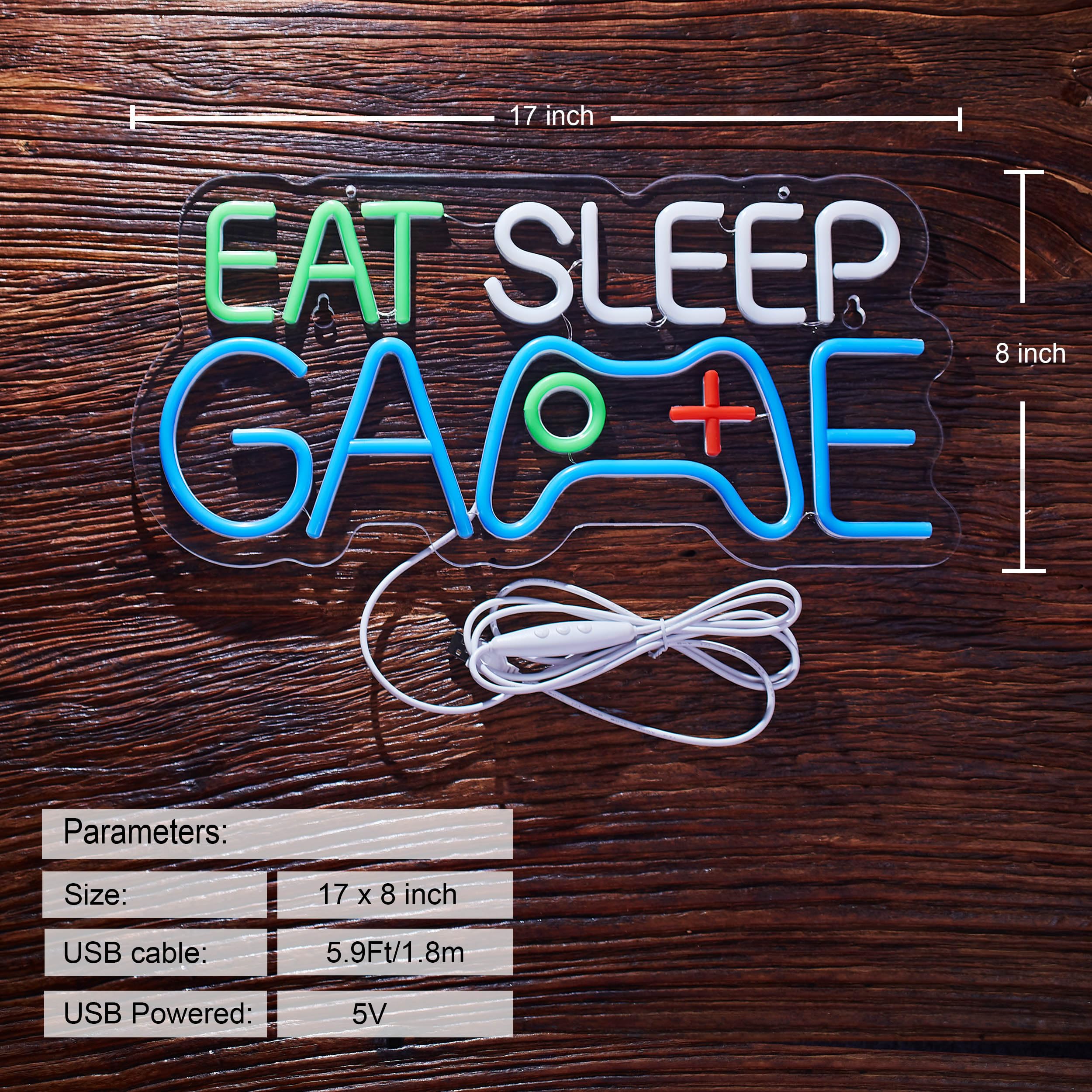 Roouneon LED Neon Sign, EAT SLEEP GAME, Dimmable, Acrylic, 17”x 8”, Blue, Man Cave Decor