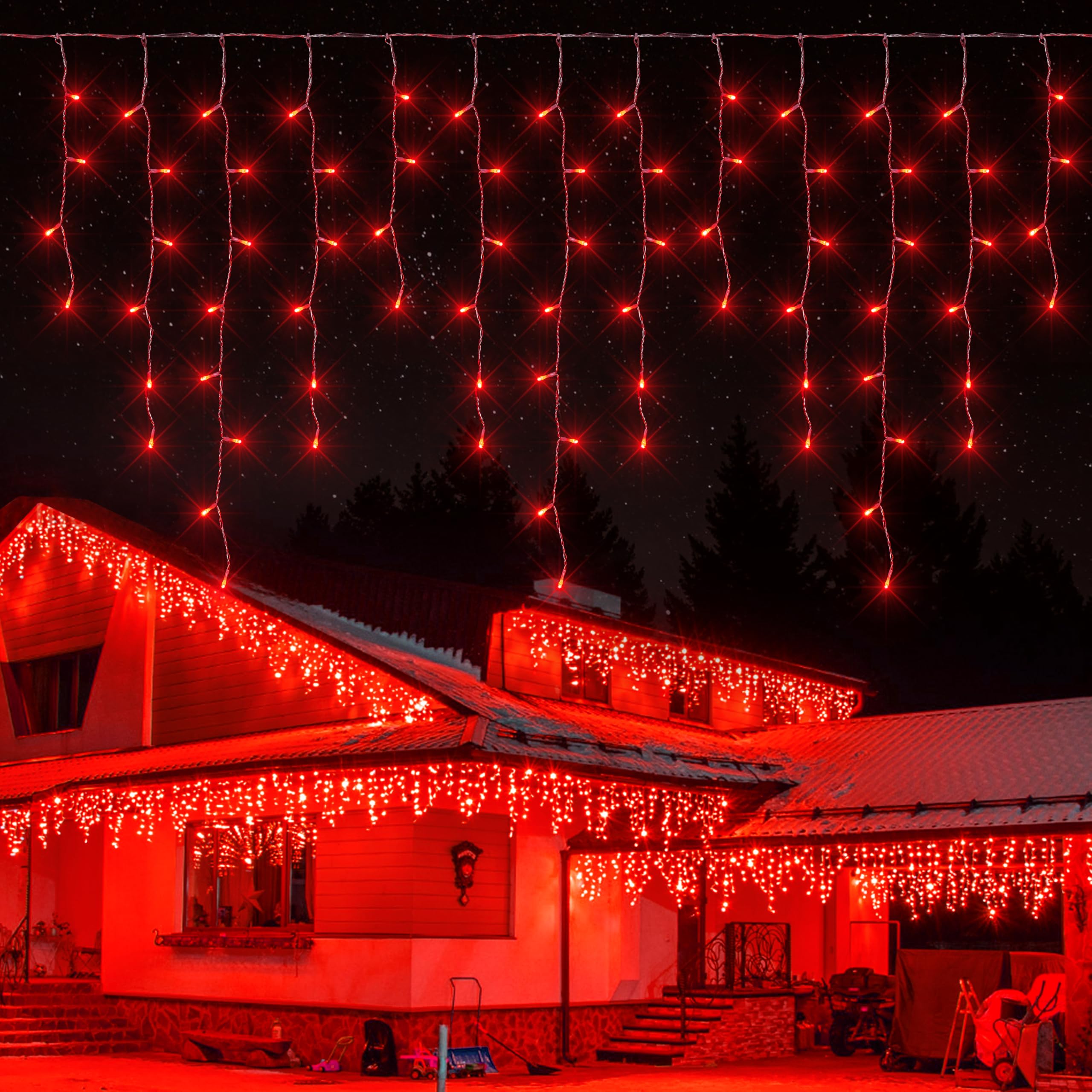 Qunlight 300L LED Icicle Lights, Red Window Curtain Lights,8 Modes with 30V Plug in for Wedding, Party, Bedroom, Home, Garden, Outdoor, Indoor Wall,Christmas Decorations,Connectable