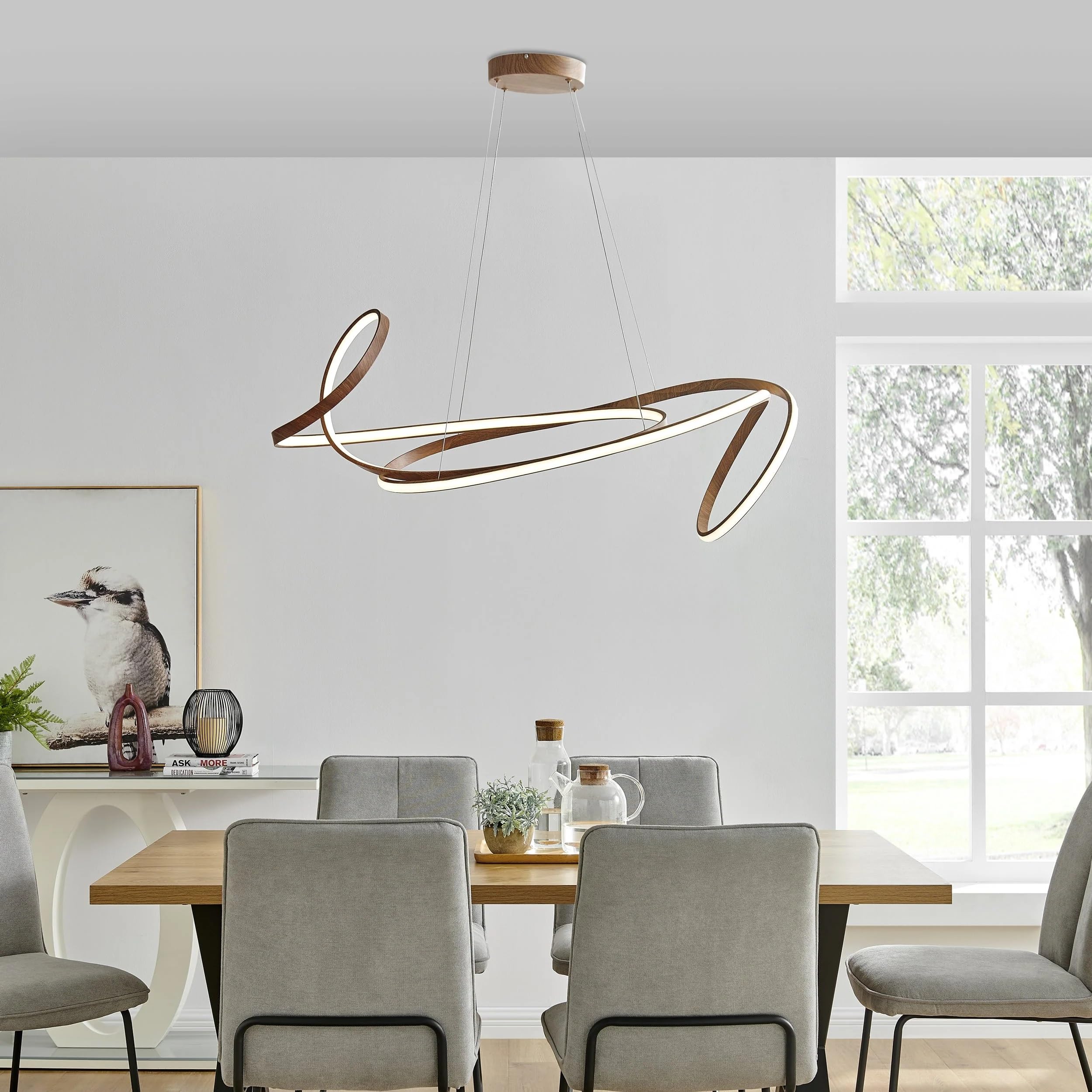 Finesse Decor Moscow Modern Chandelier - LED Ceiling Light Fixture, Curvy Design, Light Wood, Model CH-006-LW