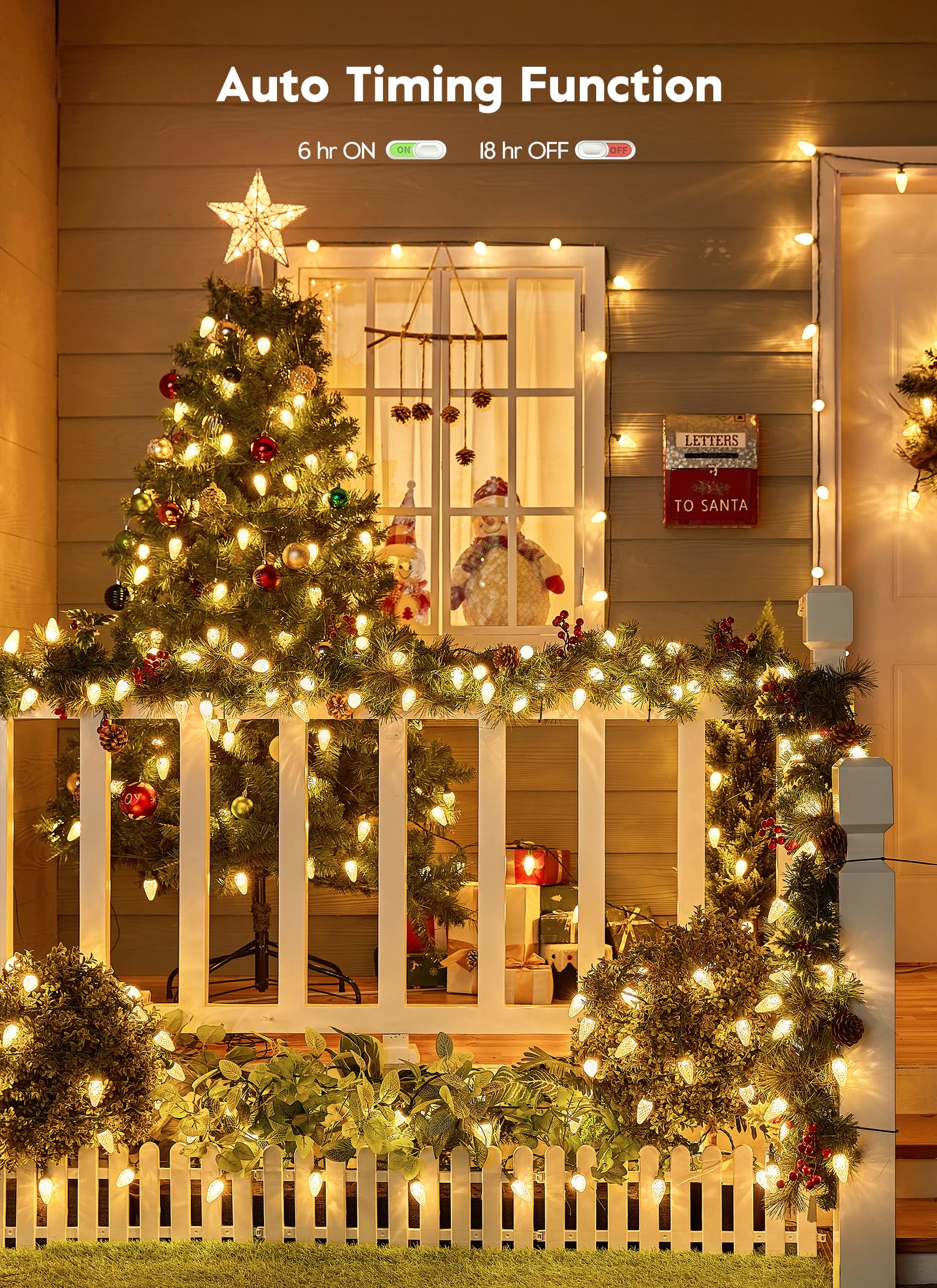 Brightown C9 Christmas Lights - 114FT 150 LED Warm White String Lights, Waterproof, Timer, 8 Modes, Model GY-C9-X-33-3B