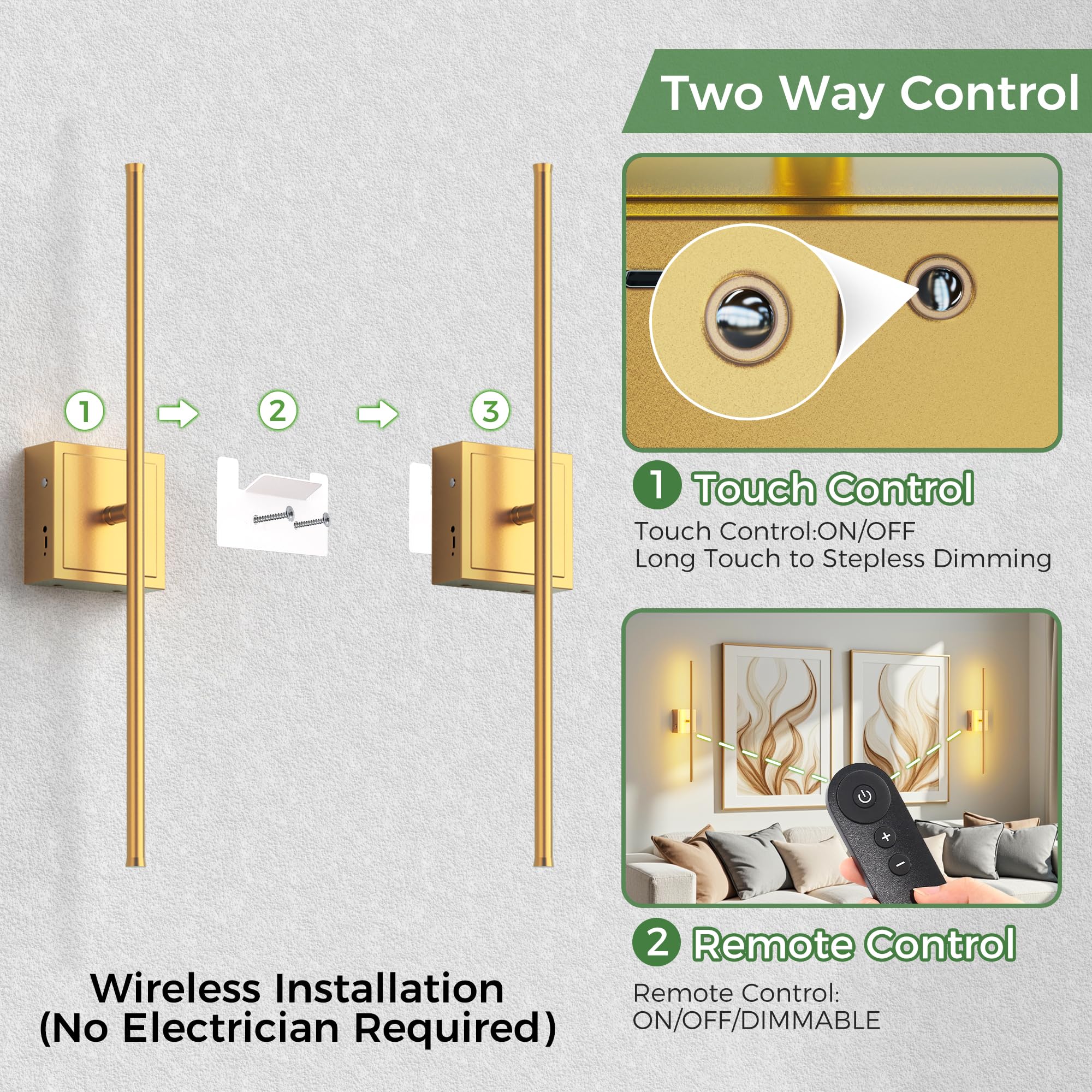 DORESshop Battery Operated Wall Sconces Set of Two, Rechargeable, 350° Rotate, Dimmable, 23.7 Inch, Gold