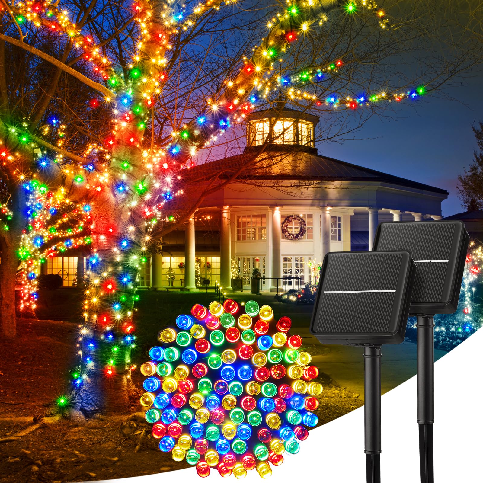 Minetom Solar String Lights Outdoor, 2 Pack Total 80FT 200 LED String Lights Solar Powered with 8 Lighting Modes, Waterproof Solar Patio Lights,Colored Solar String Lights for Outside Tree, Multicolor