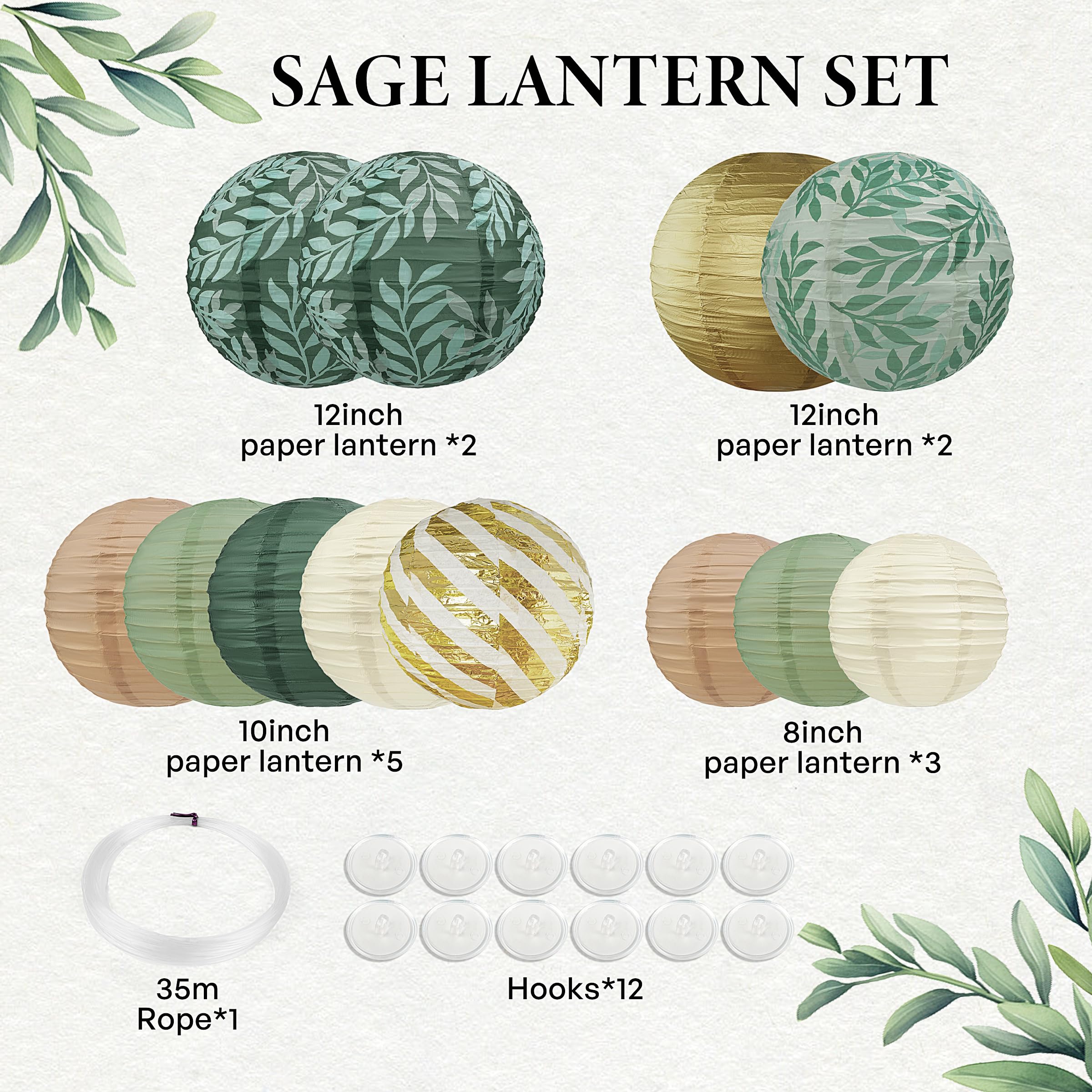 Sage Green Hanging Paper Lanterns Decorative, 12Pcs Sage Green And Gold Forest Birthday Party Decoration With Hooks And Ropes Br