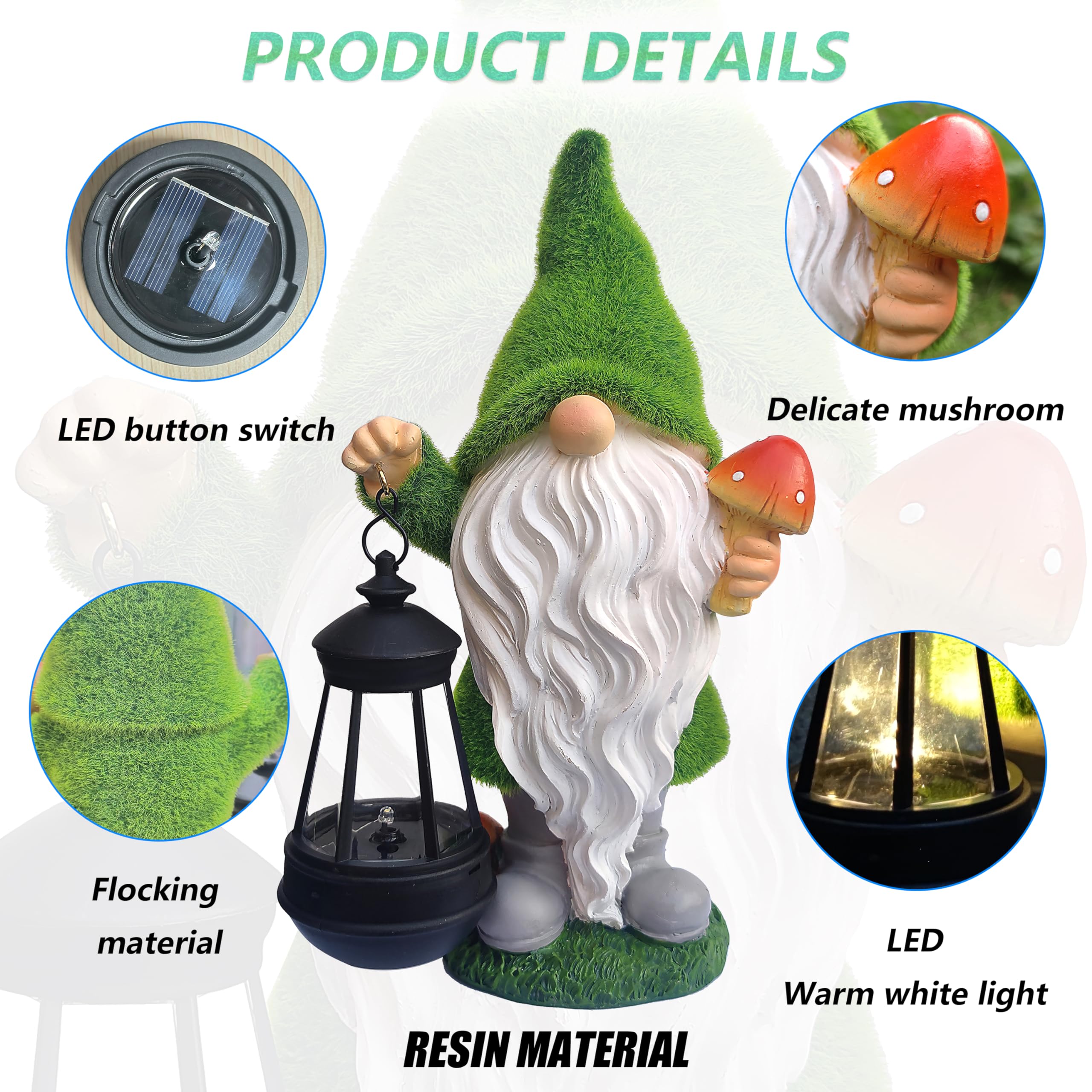 Vioyouns Solar Gnomes Garden Statues,Resin Gnome Figurine Holding Mushroom And Solar Lights Lantern,Outdoor Yard Art Decorations