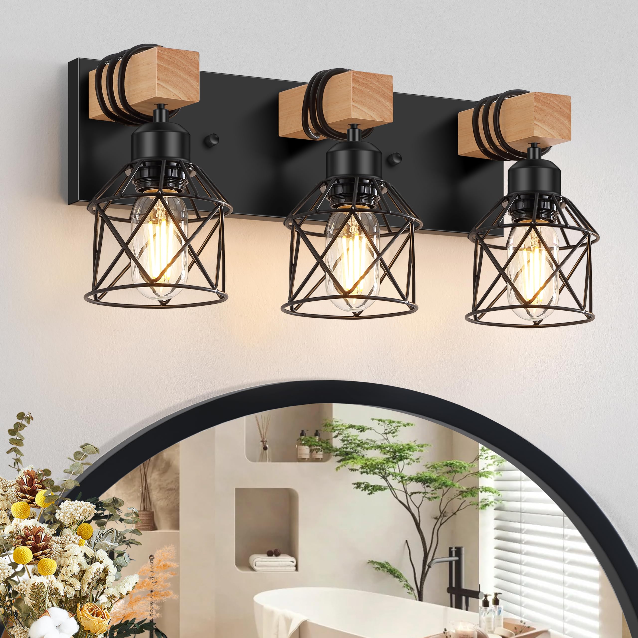 FadimiKoo 3-Light Vanity Light Fixture, Metal and Wood, Industrial Black, Wood-Cage Design for Bathroom, Bedroom, Hallway
