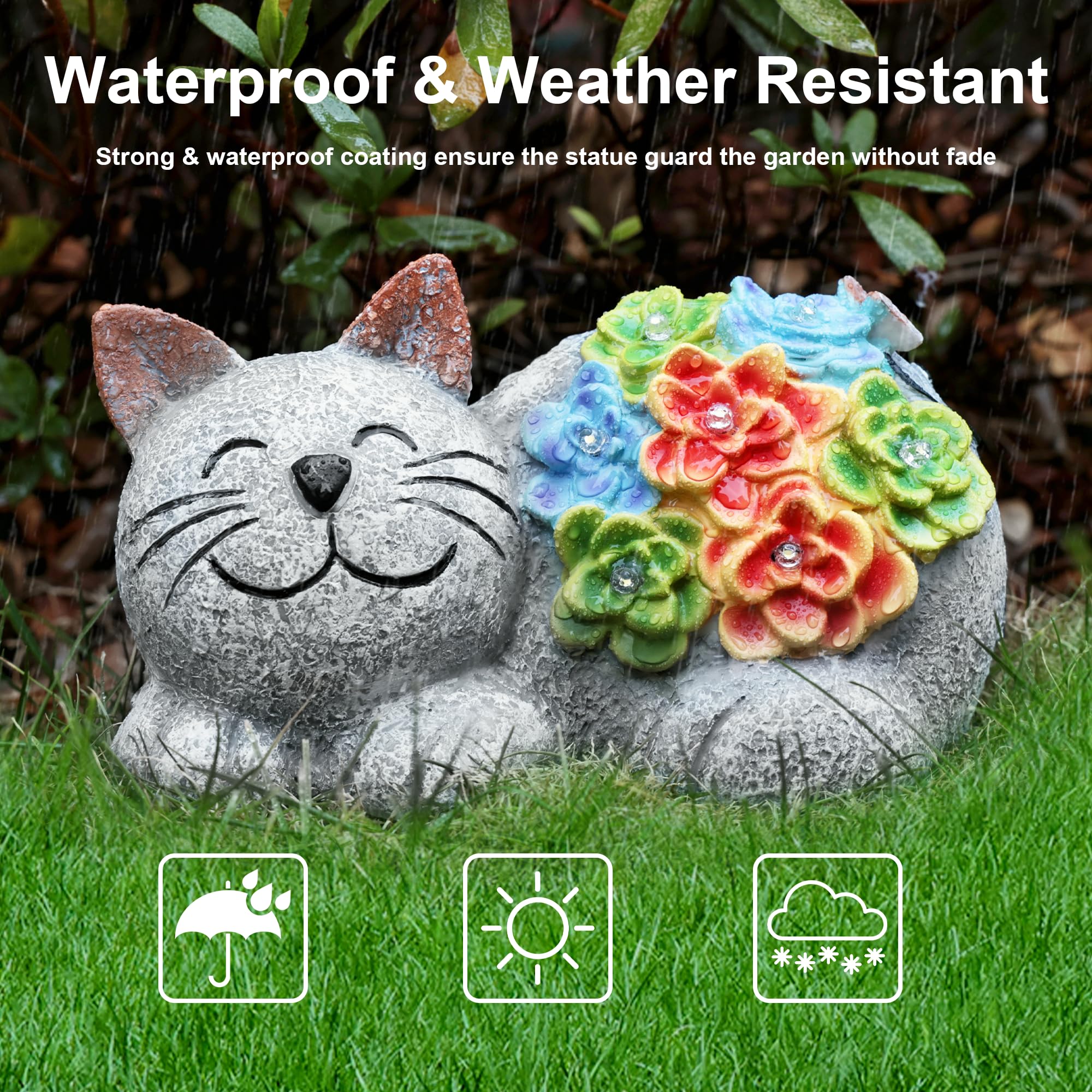 Otdair Solar Garden Decor Cat with Succulent, 7 LED Lights, 6.8inx4.3inx4.1in, Gray, Model XMD-Flo, Outdoor Gift for Cat